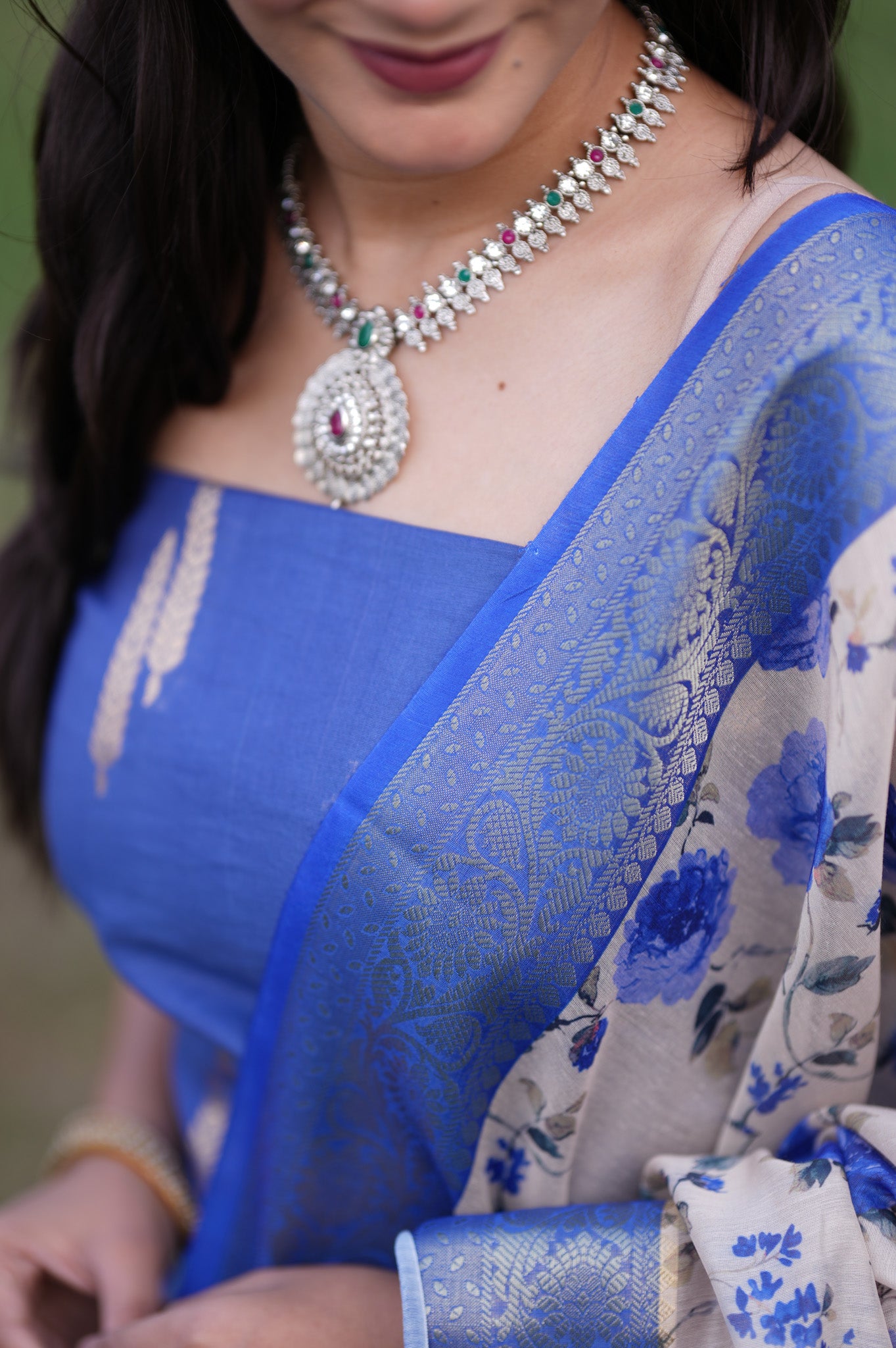 Banarasi Cotton Salwar Kameez Material With Silver Zari Weaving & Dupatta-Blue