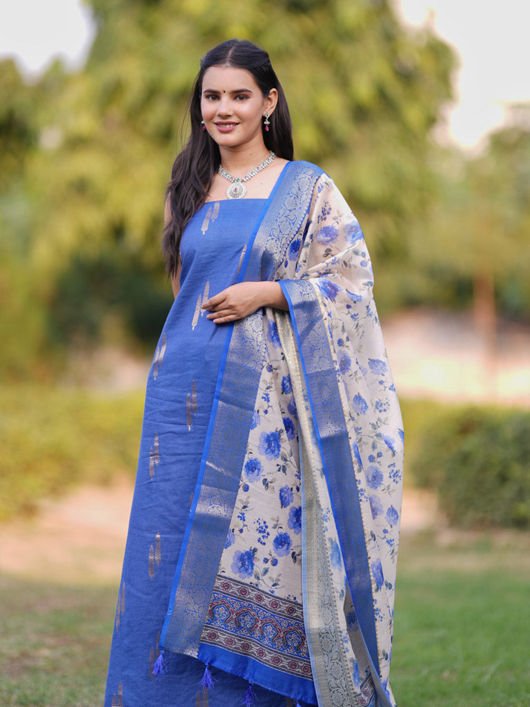 Banarasi Cotton Salwar Kameez Material With Silver Zari Weaving & Dupatta-Blue