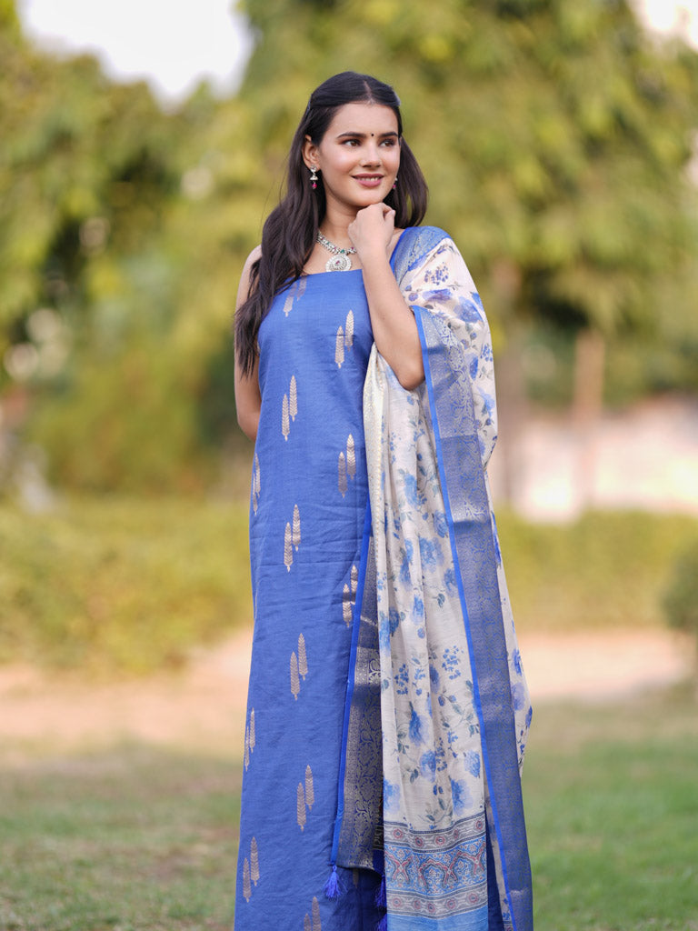 Banarasi Cotton Salwar Kameez Material With Silver Zari Weaving & Dupatta-Blue