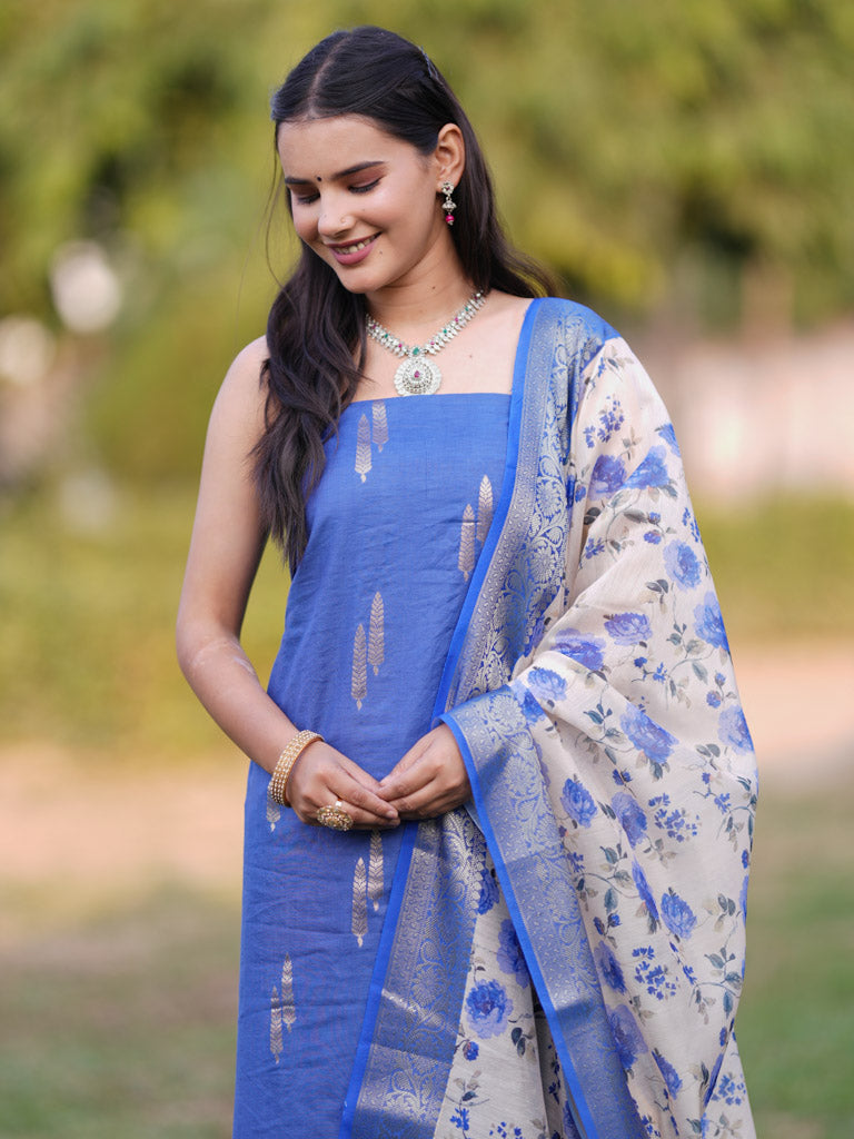 Banarasi Cotton Salwar Kameez Material With Silver Zari Weaving & Dupatta-Blue