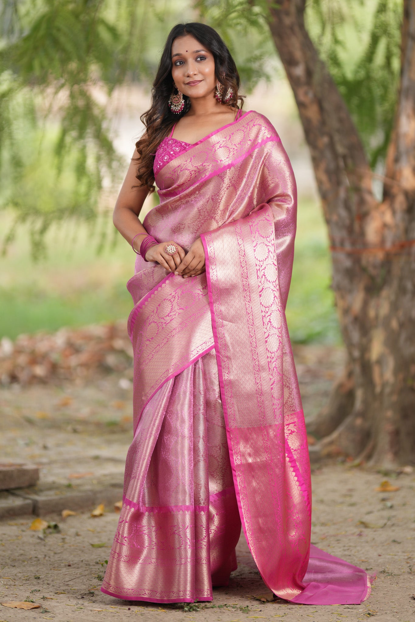 Banarasi Kora Muslin Saree With Zari Weaving & Border- Pink