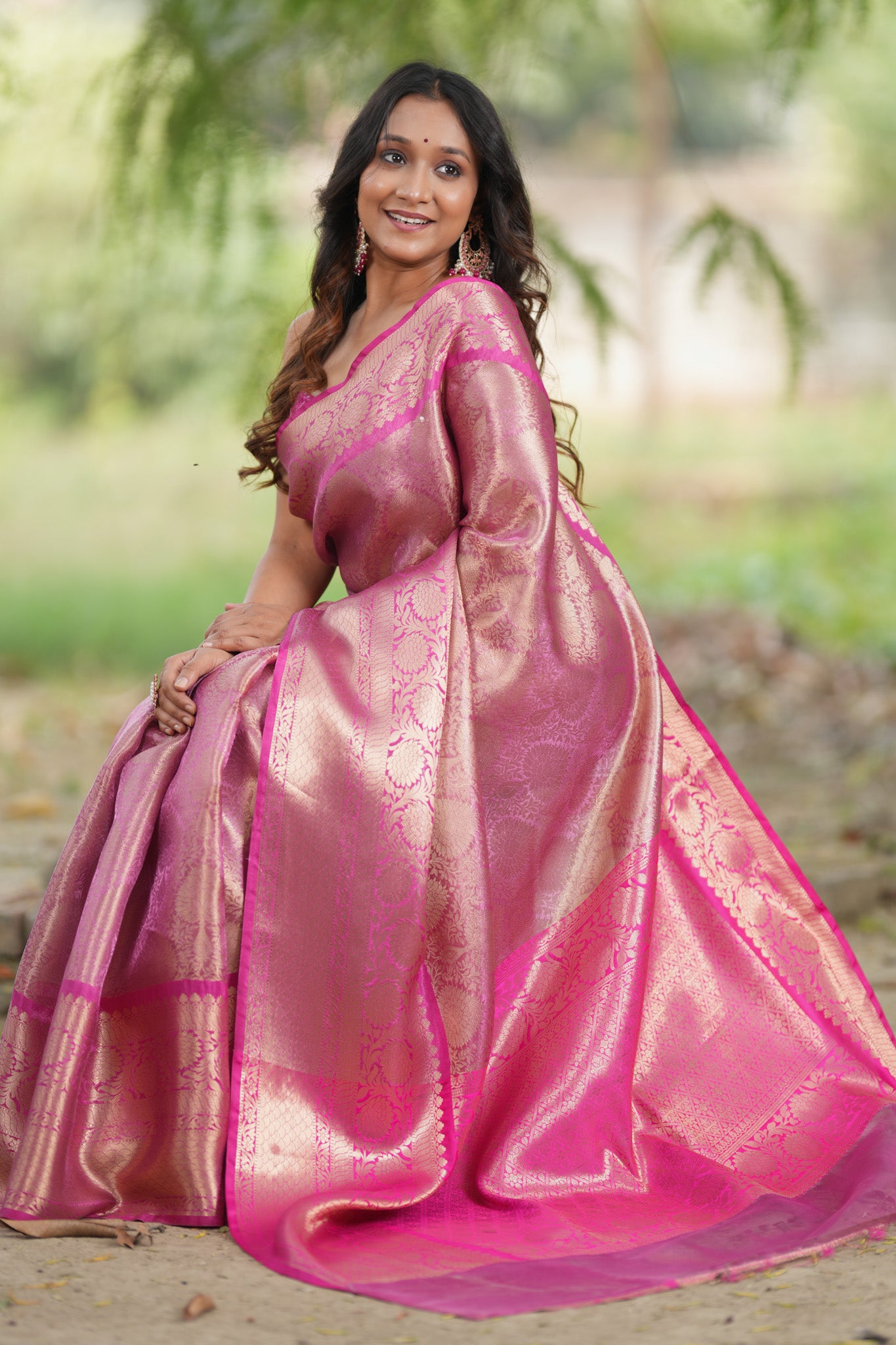 Banarasi Kora Muslin Saree With Zari Weaving & Border- Pink