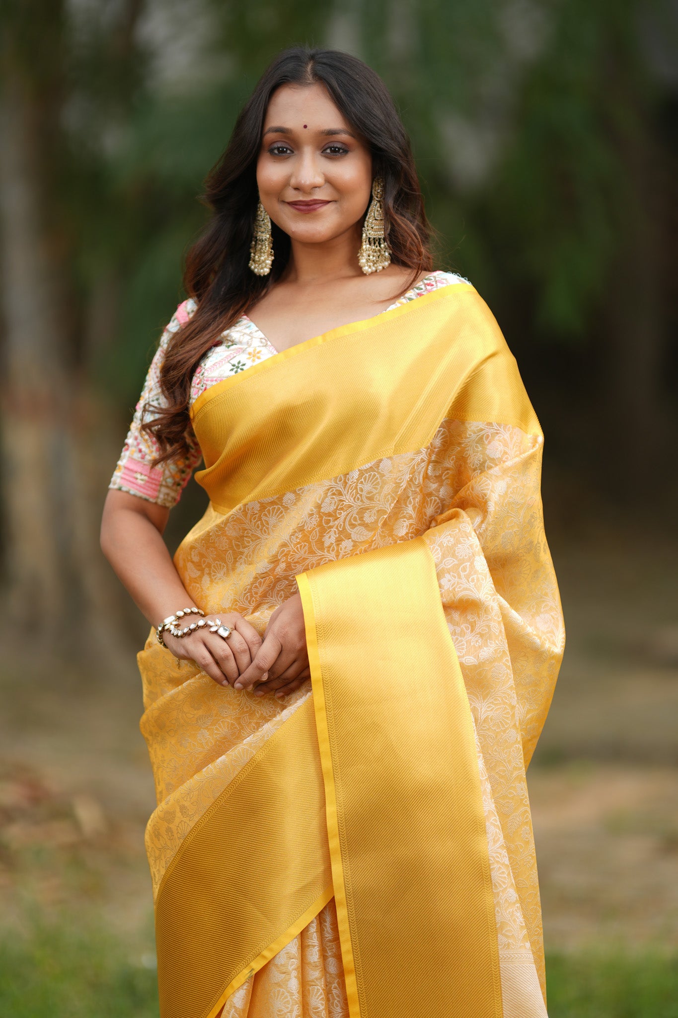 Banarasi Kora Saree With Silver Zari & Border - Yellow