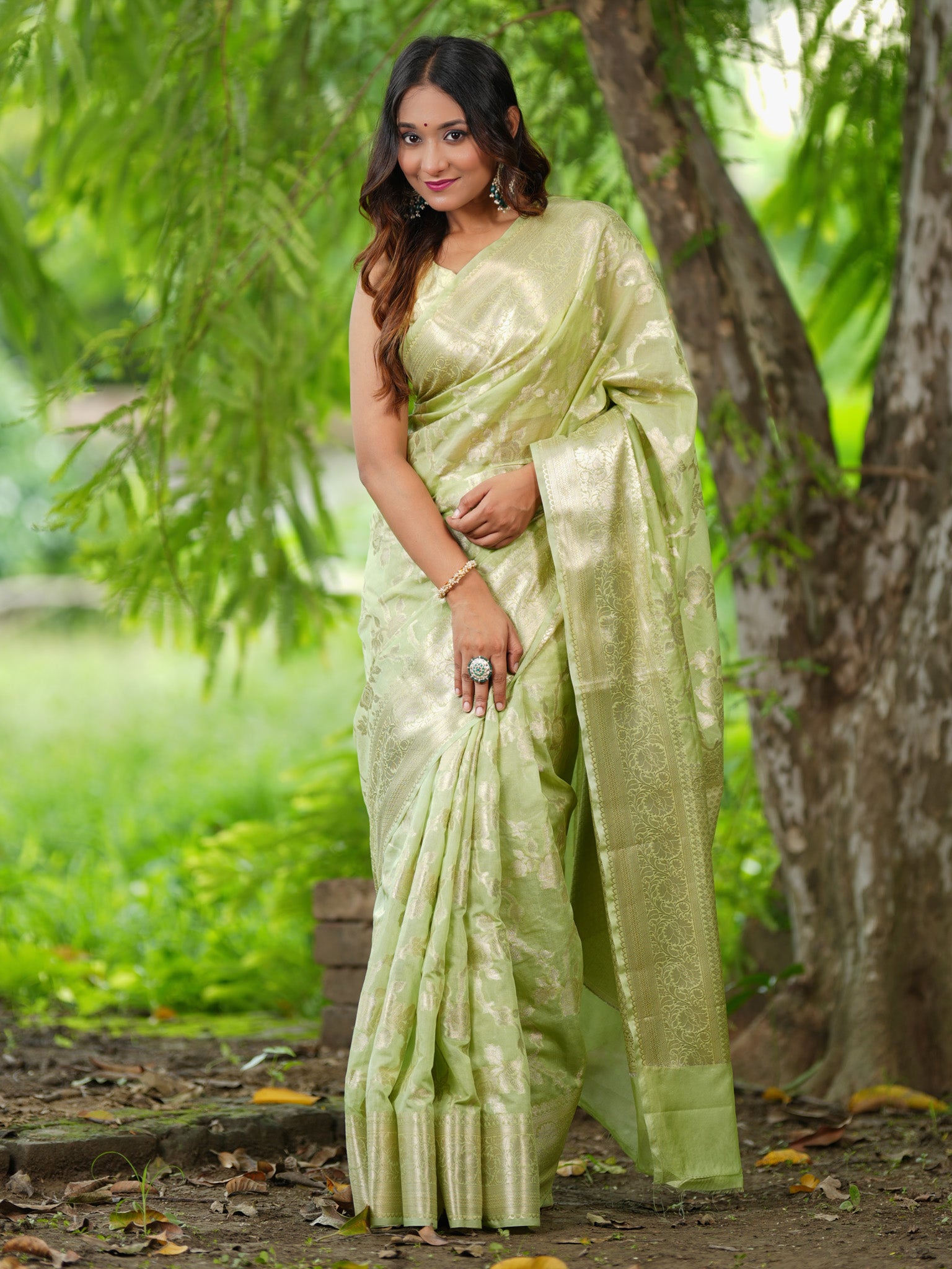 Banarasi Cotton Silk Saree With Silver Zari Jaal Weaving & Border- Green