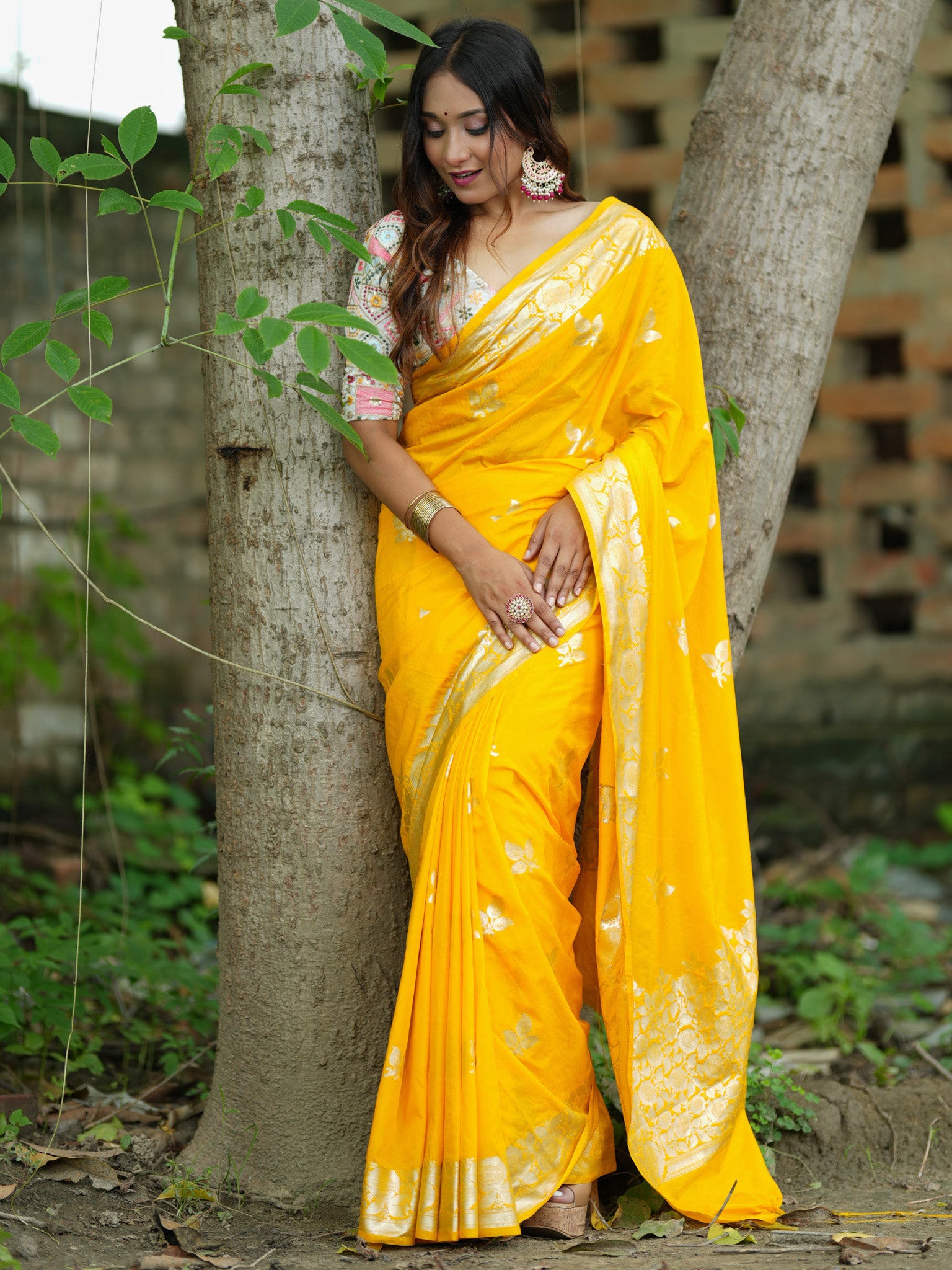 Banarasi Cotton Silk Saree Silver Zari Weaving With Border-Yellow