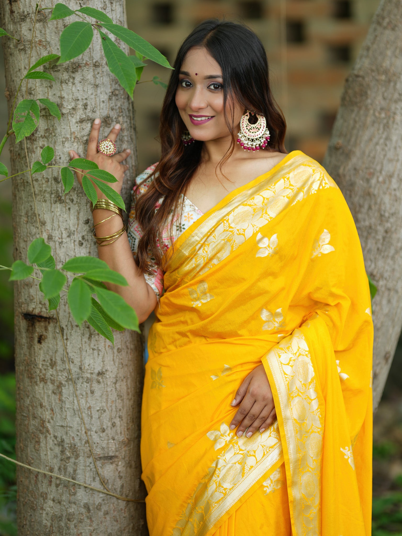 Banarasi Cotton Silk Saree Silver Zari Weaving With Border-Yellow