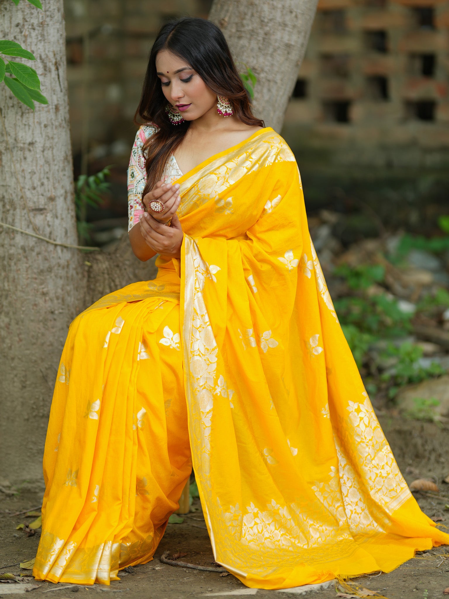 Banarasi Cotton Silk Saree Silver Zari Weaving With Border-Yellow