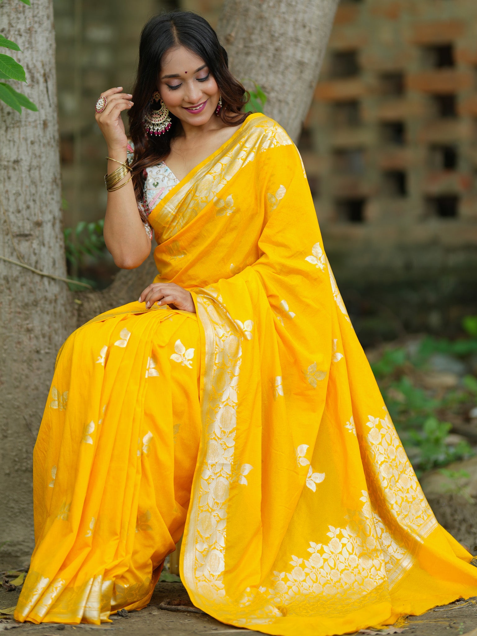 Banarasi Cotton Silk Saree Silver Zari Weaving With Border-Yellow
