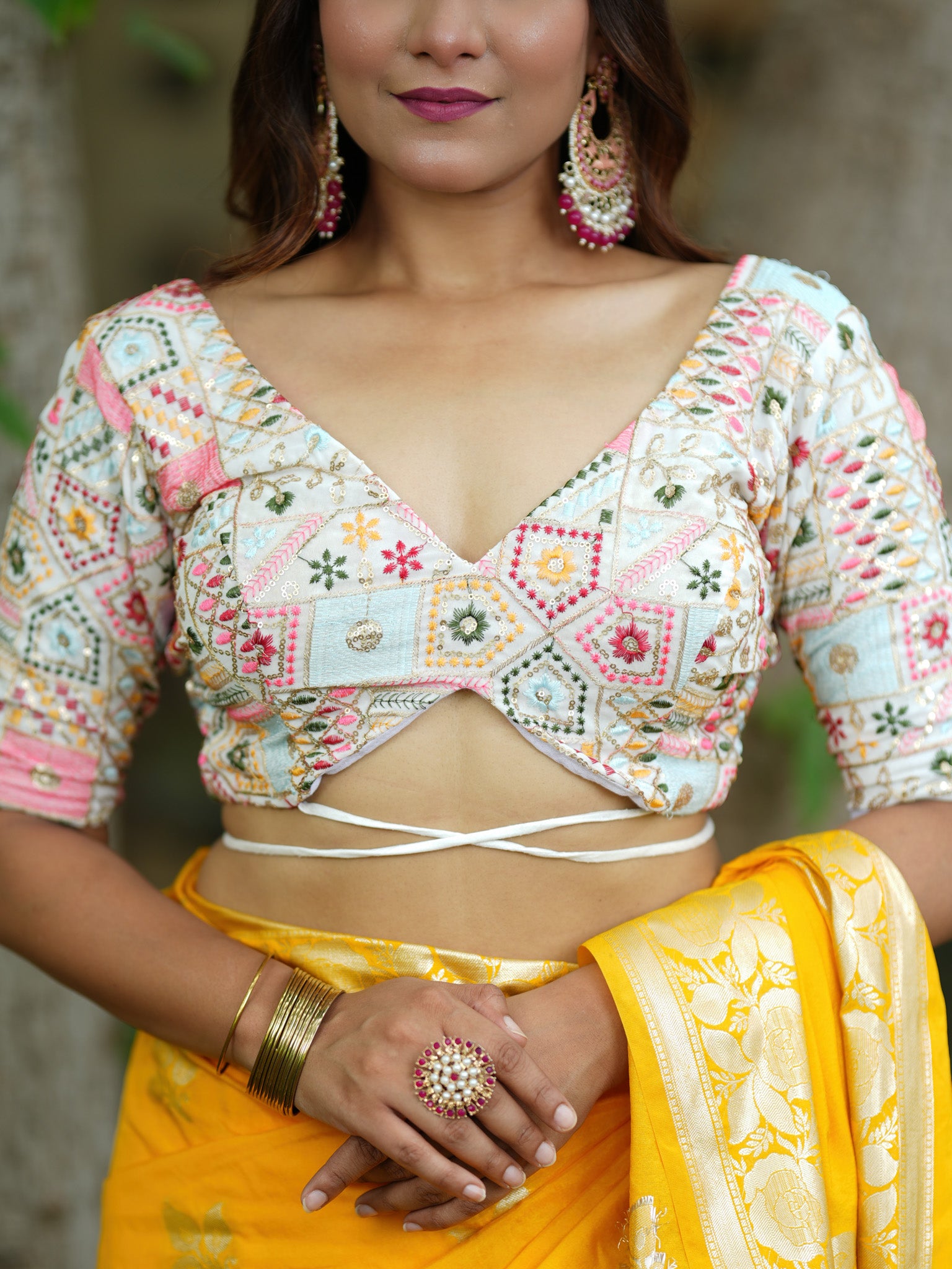 Brocade Stitched Blouse With Sleeve- White