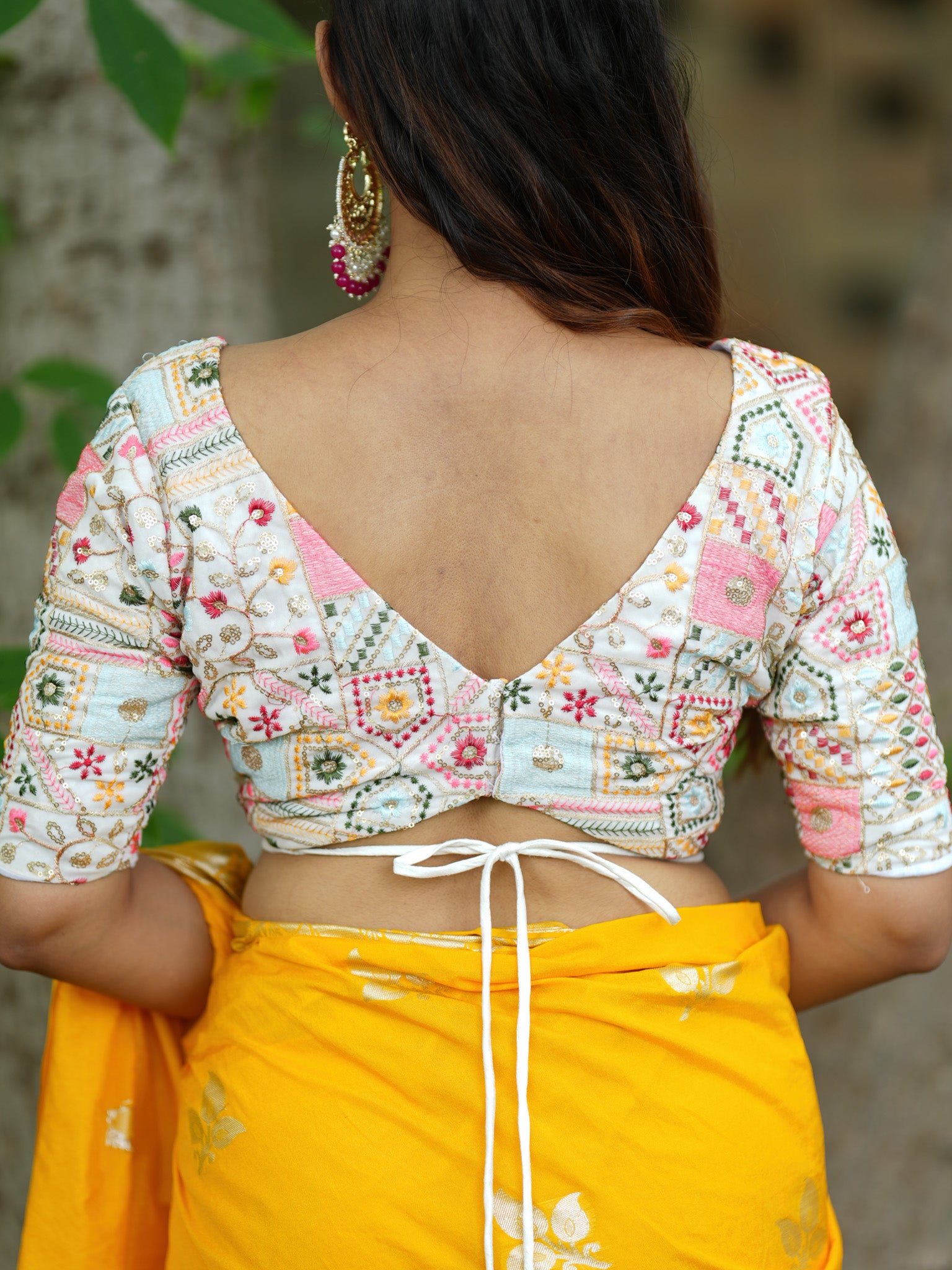 Brocade Stitched Blouse With Sleeve- White