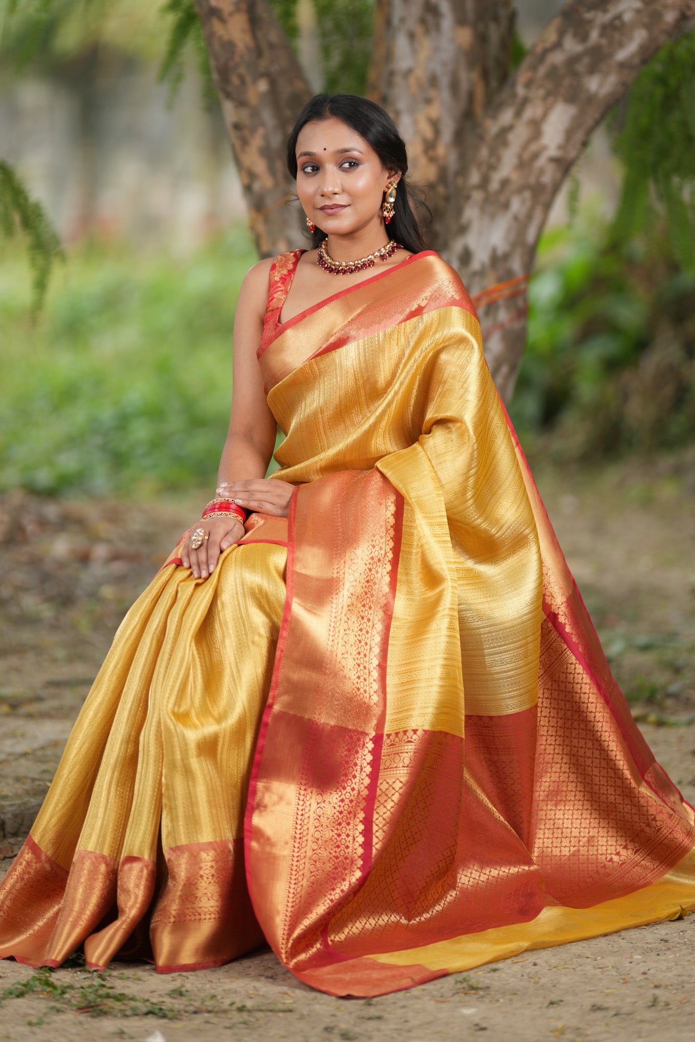 Banarasi Kora Muslin Saree With Zari Weaving & Contrast Border- Gold