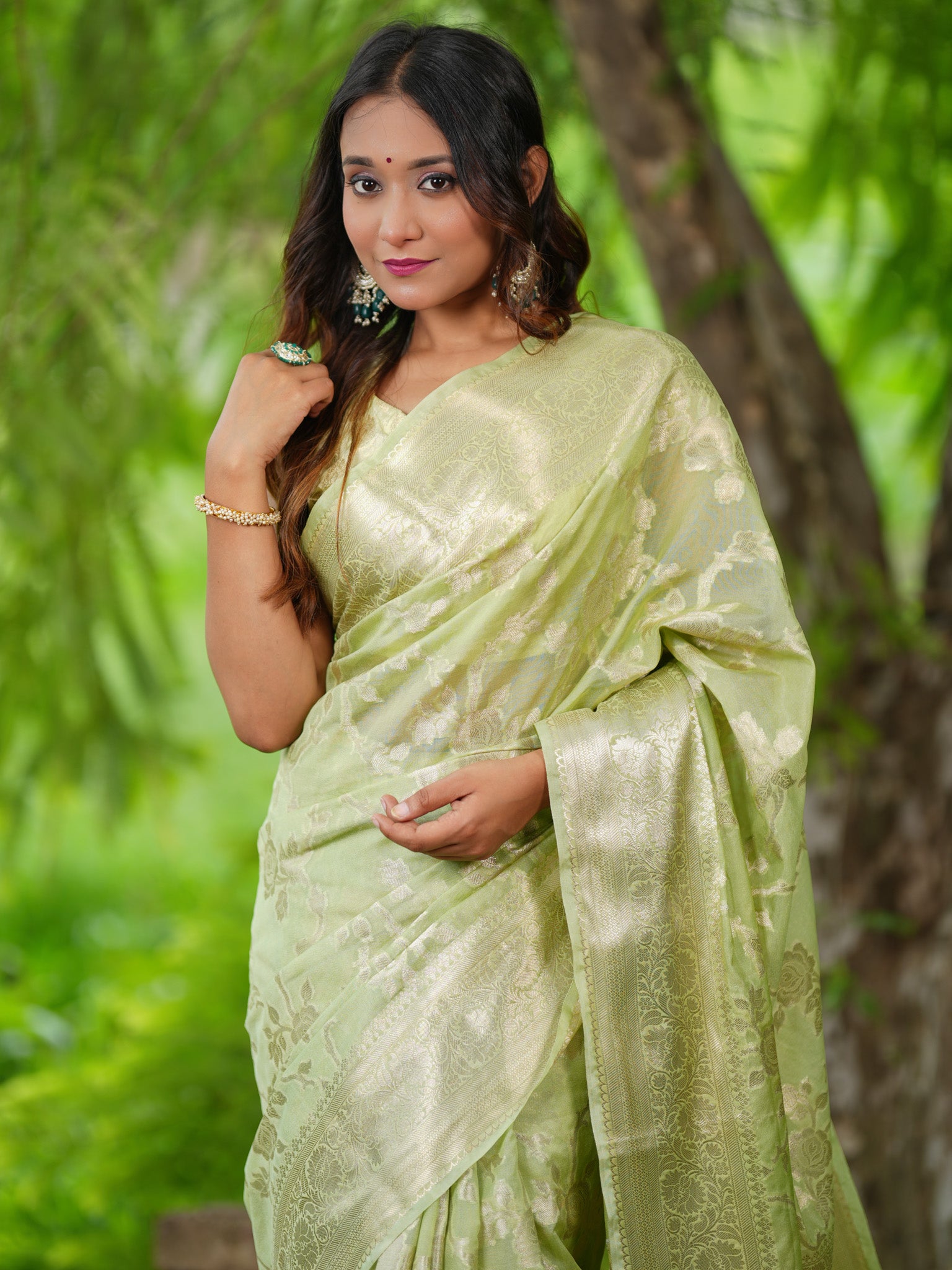 Banarasi Cotton Silk Saree With Silver Zari Jaal Weaving & Border- Green