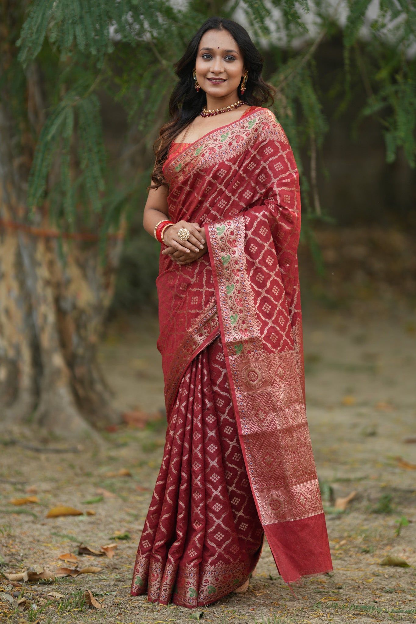 Banarasi Cotton Silk Saree With Zari Weaving & Meena Border-Red
