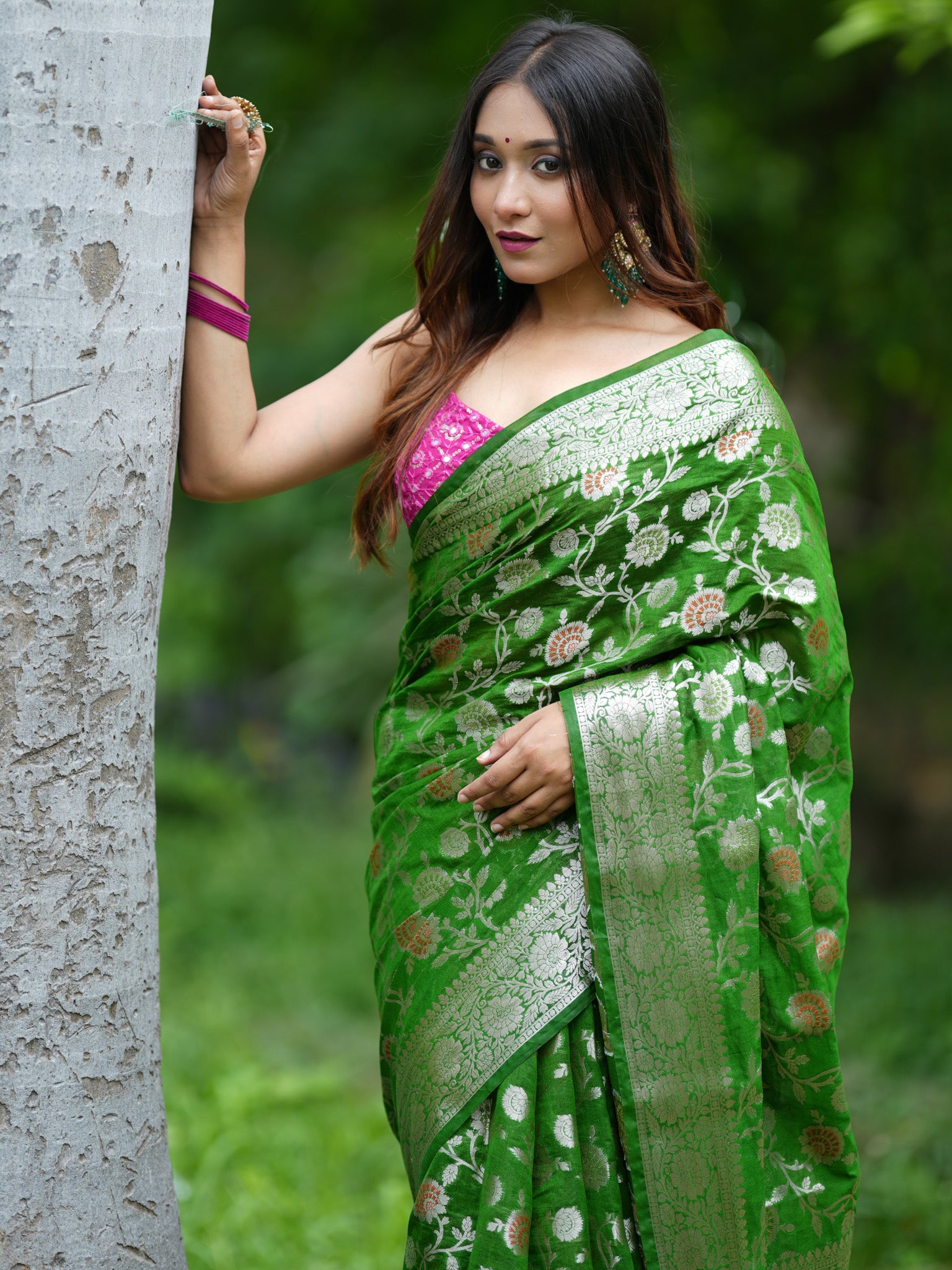 Banarasi Cotton Silk Saree Silver Zari Floral Weaving With Border- Green