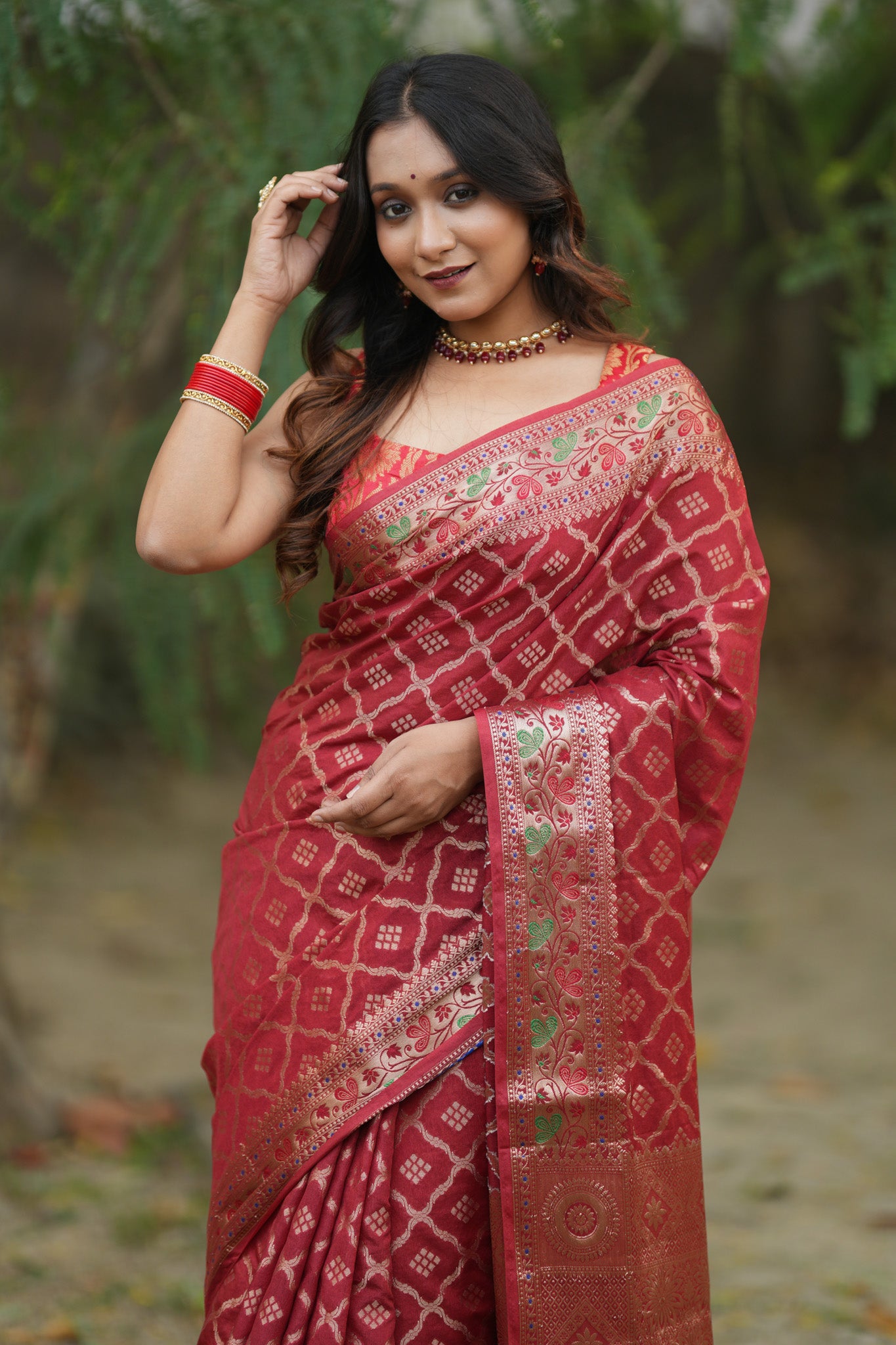 Banarasi Cotton Silk Saree With Zari Weaving & Meena Border-Red
