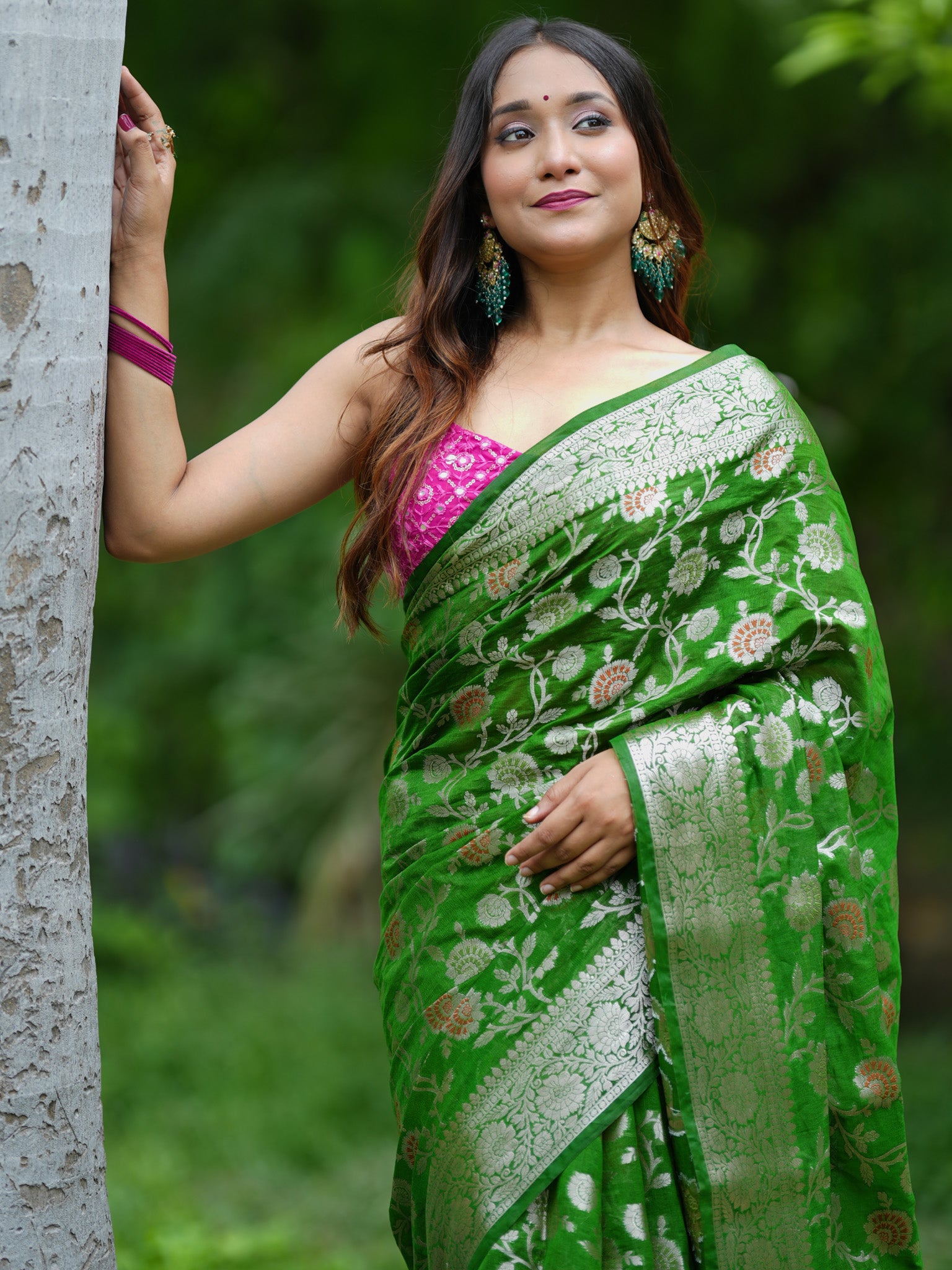 Banarasi Cotton Silk Saree Silver Zari Floral Weaving With Border- Green