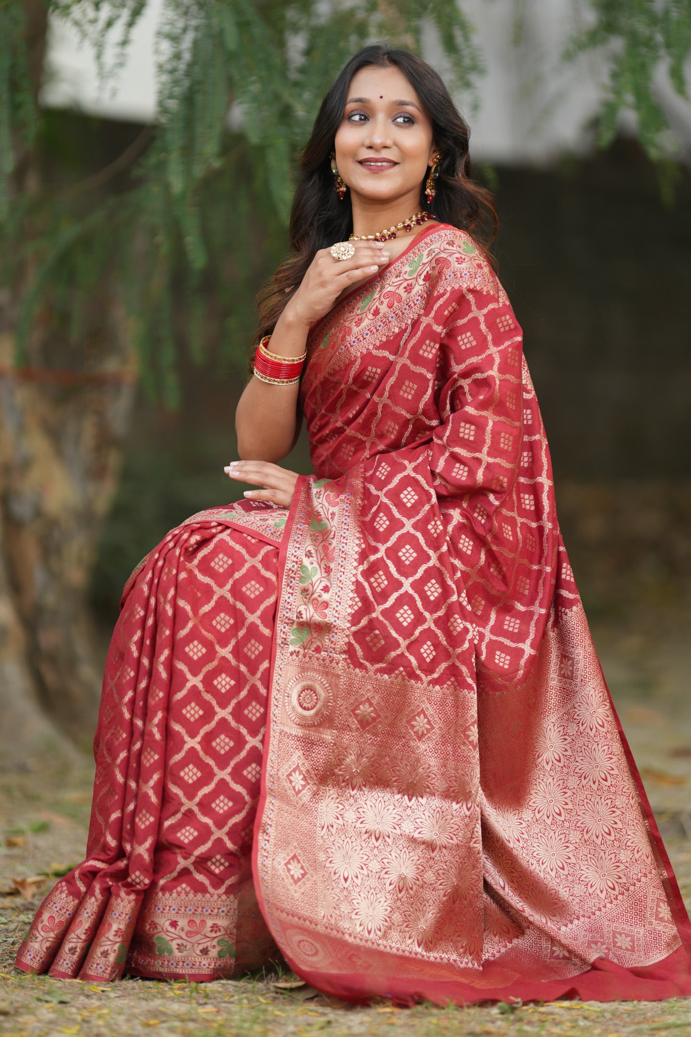 Banarasi Cotton Silk Saree With Zari Weaving & Meena Border-Red