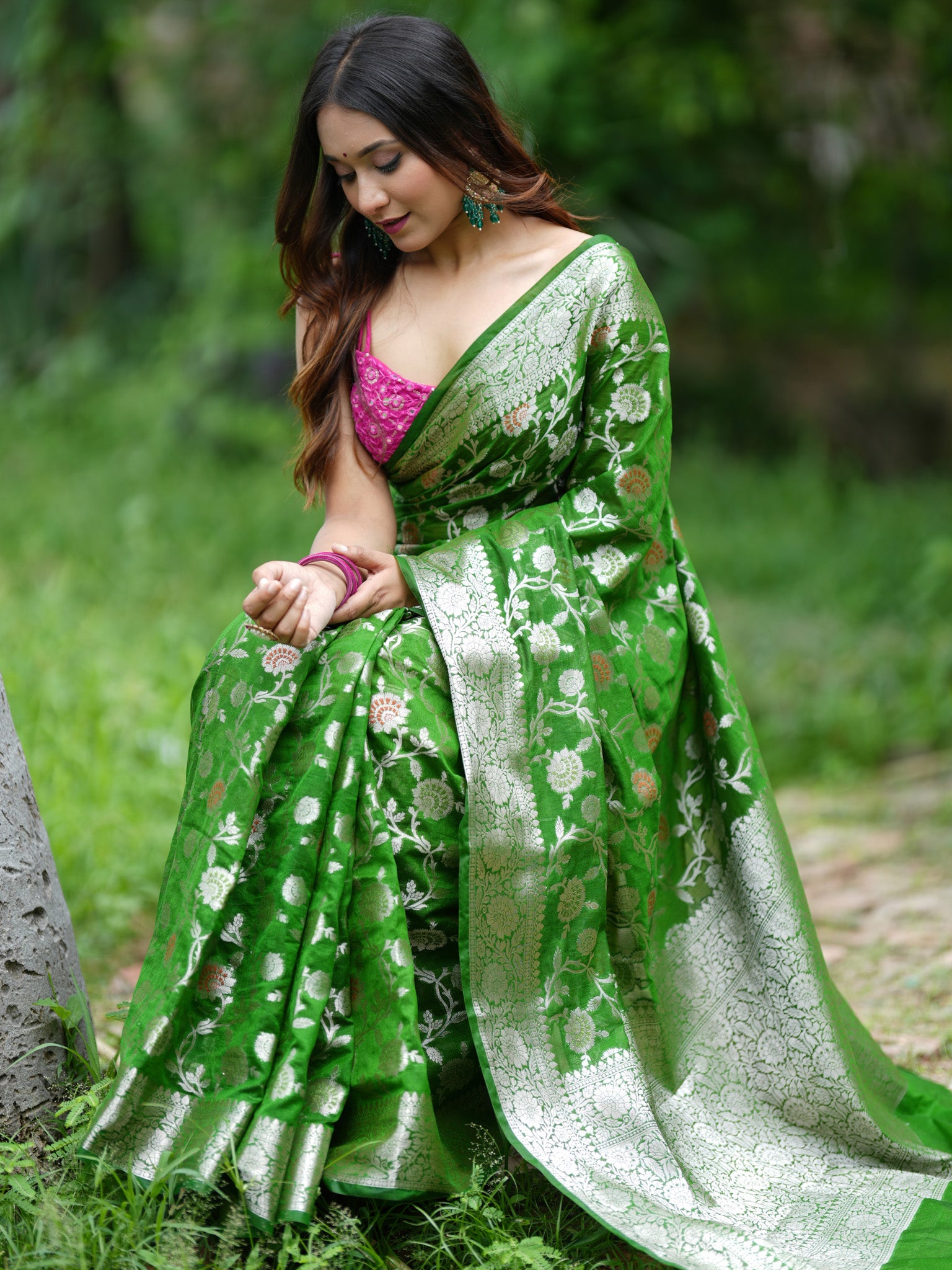 Banarasi Cotton Silk Saree Silver Zari Floral Weaving With Border- Green