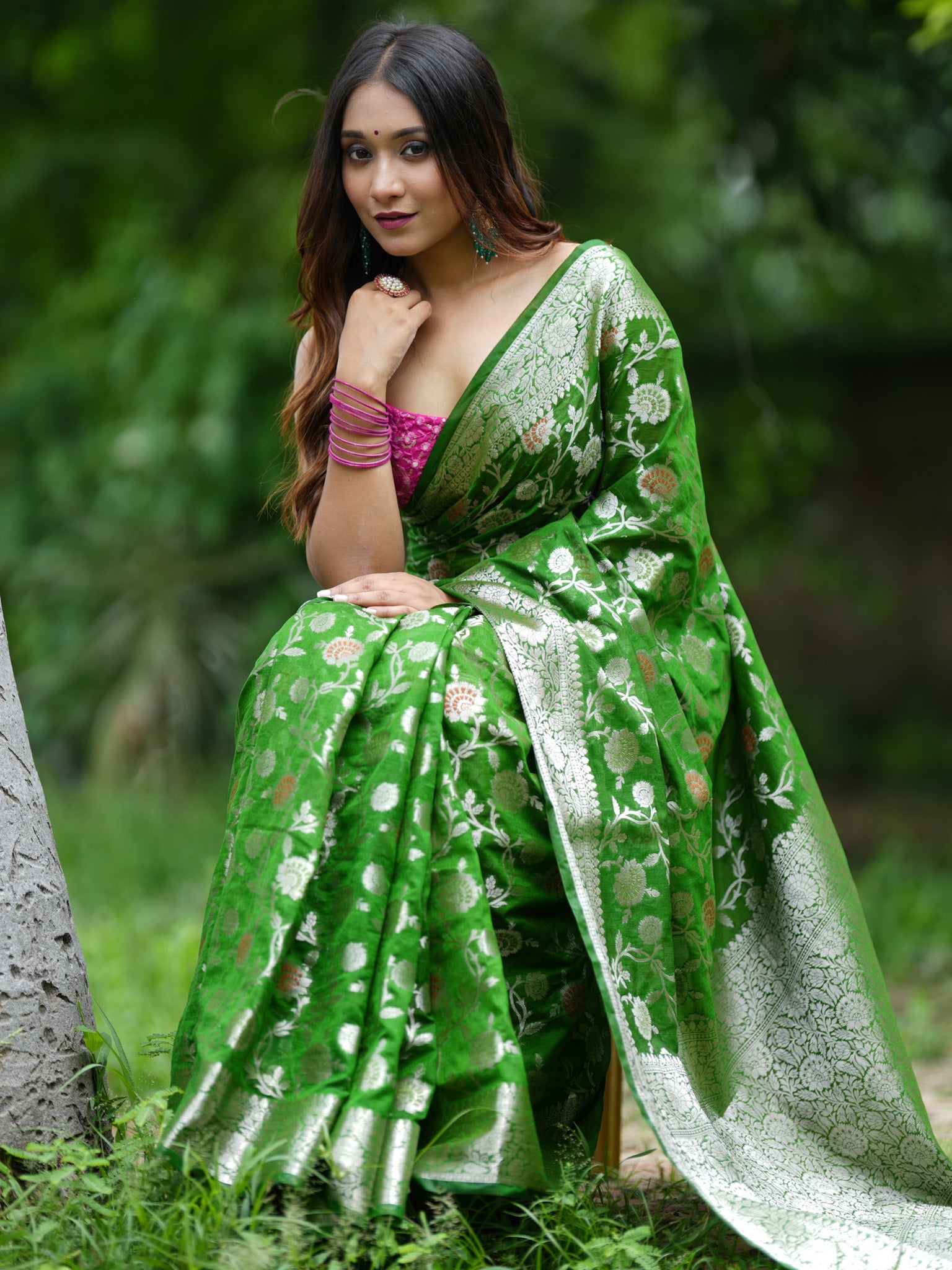 Banarasi Cotton Silk Saree Silver Zari Floral Weaving With Border- Green