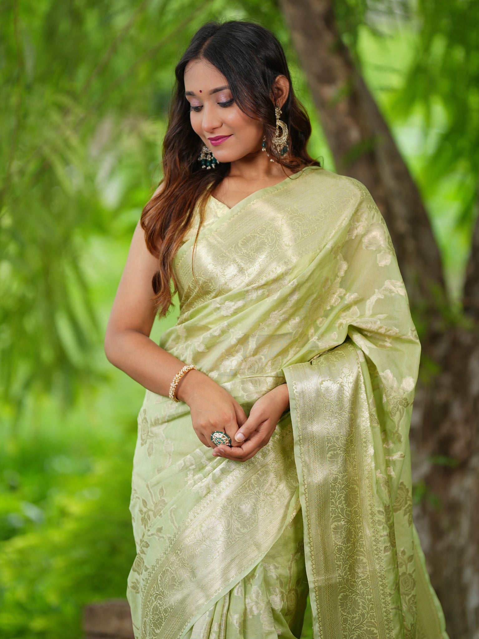 Banarasi Cotton Silk Saree With Silver Zari Jaal Weaving & Border- Green