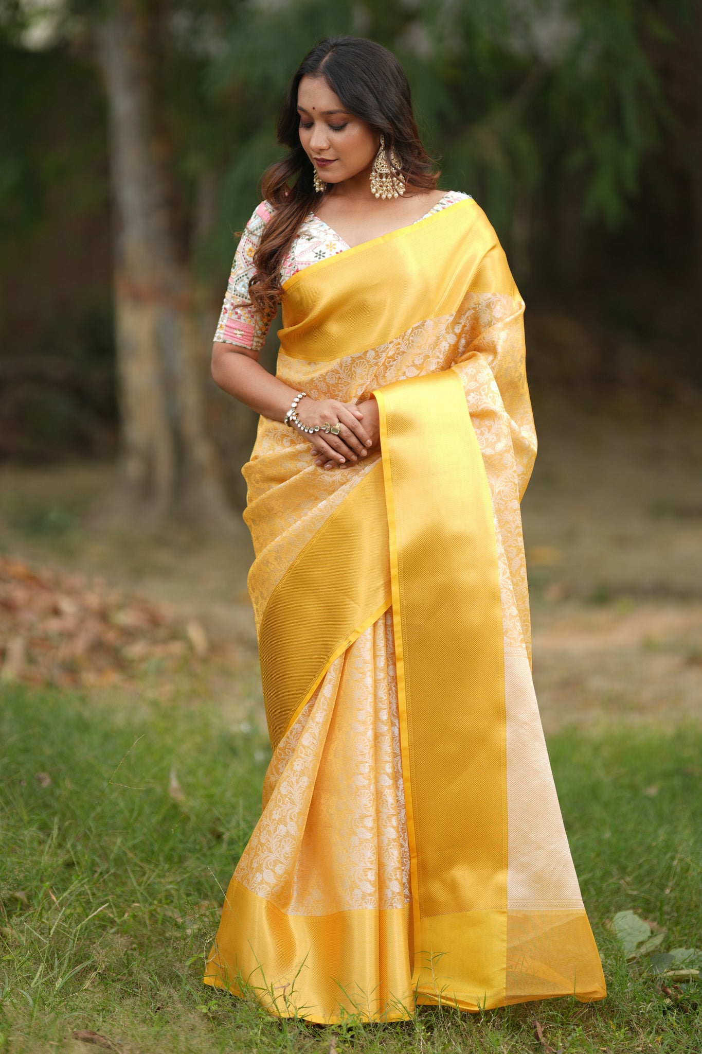 Banarasi Kora Saree With Silver Zari & Border - Yellow