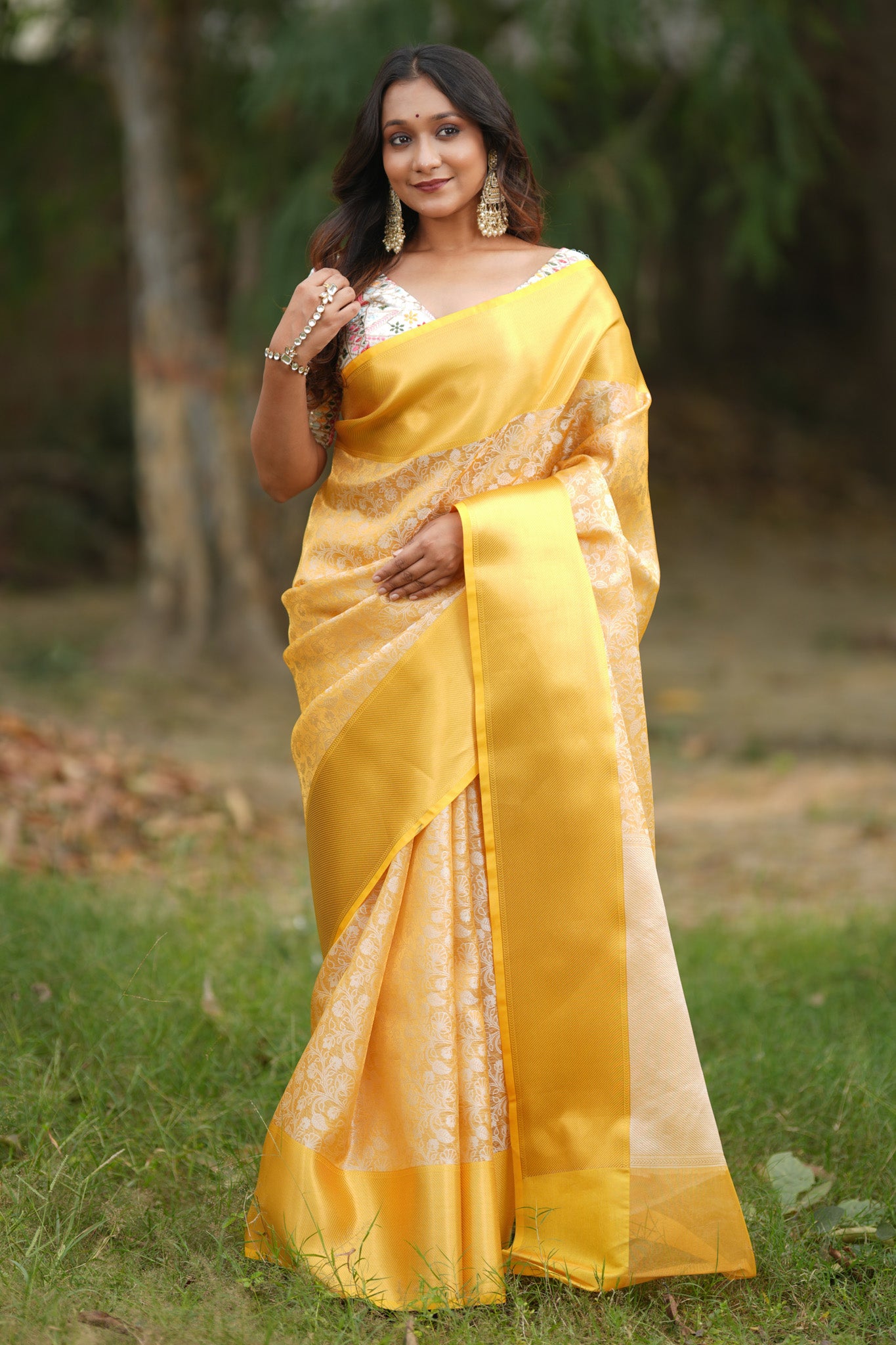 Banarasi Kora Saree With Silver Zari & Border - Yellow