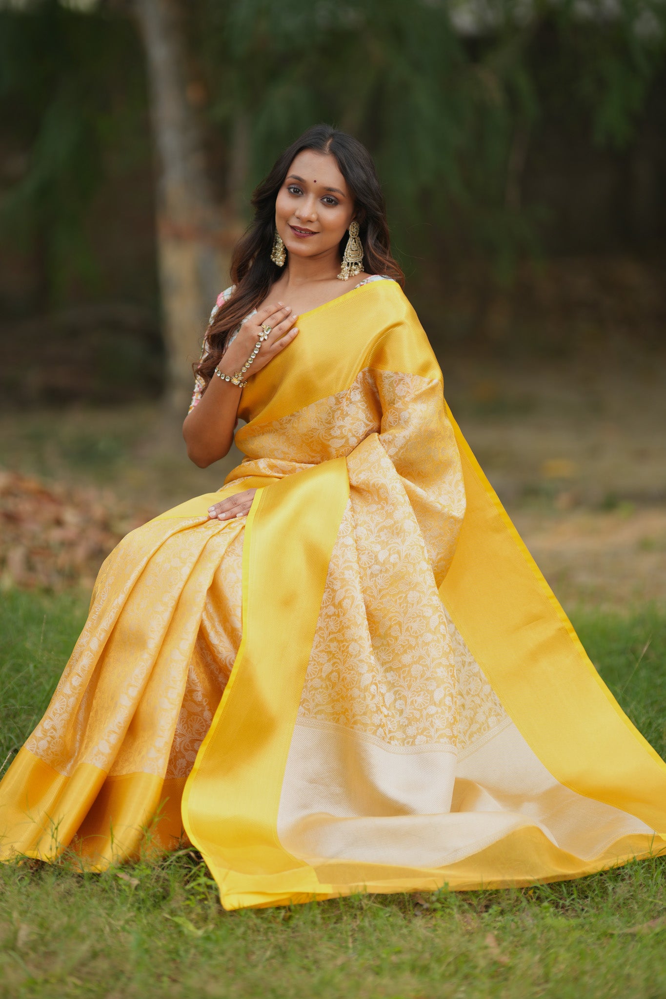 Banarasi Kora Saree With Silver Zari & Border - Yellow