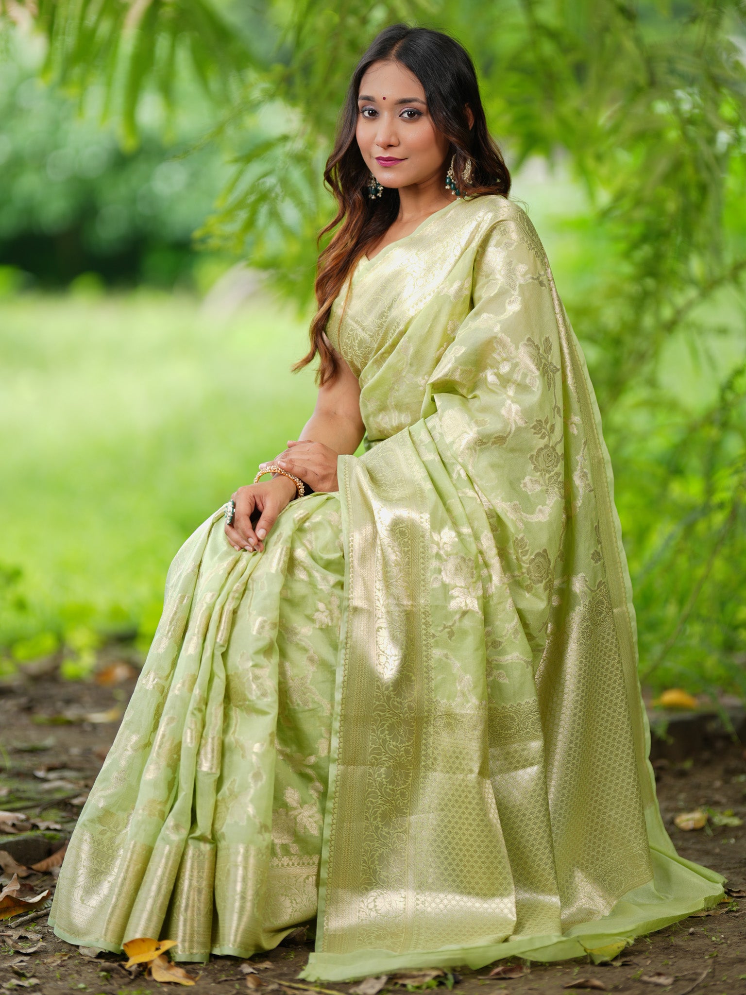 Banarasi Cotton Silk Saree With Silver Zari Jaal Weaving & Border- Green