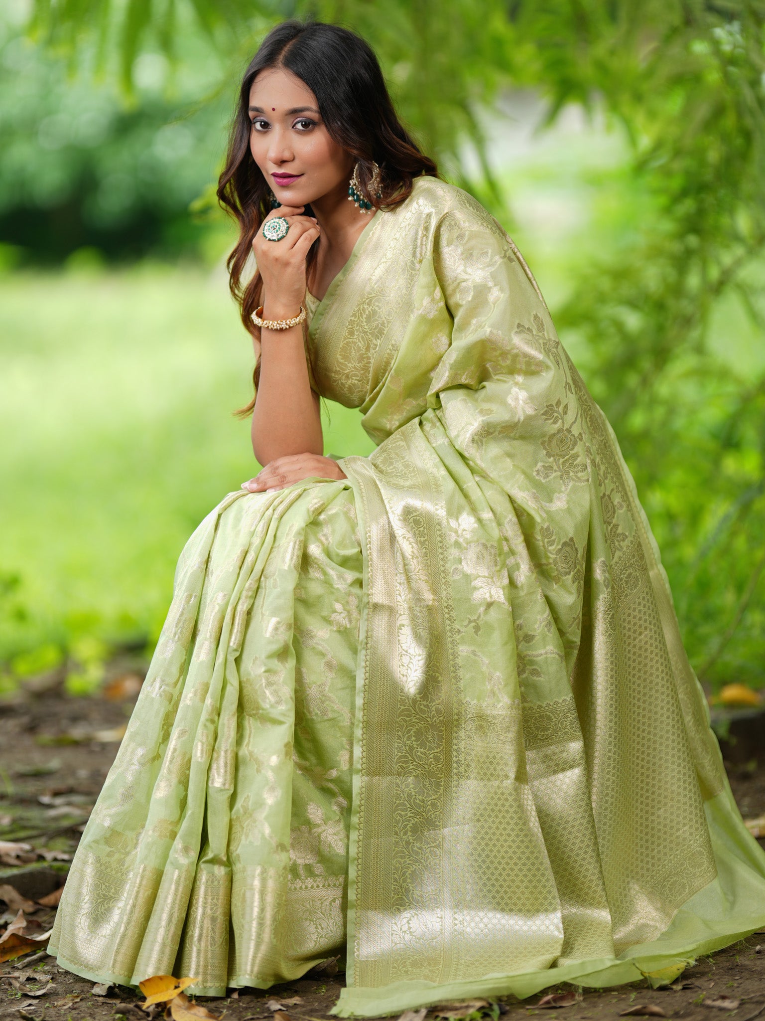 Banarasi Cotton Silk Saree With Silver Zari Jaal Weaving & Border- Green