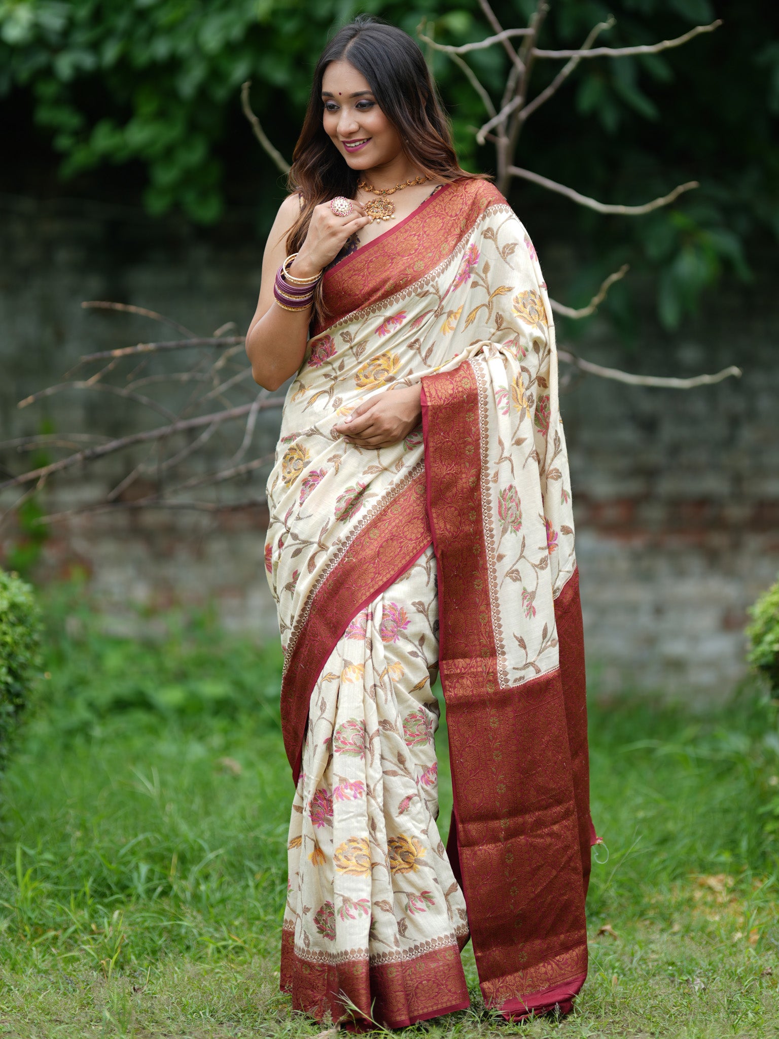 Banarasi Handwoven Pure Muga Silk Saree With Antique Resham Border- Off White