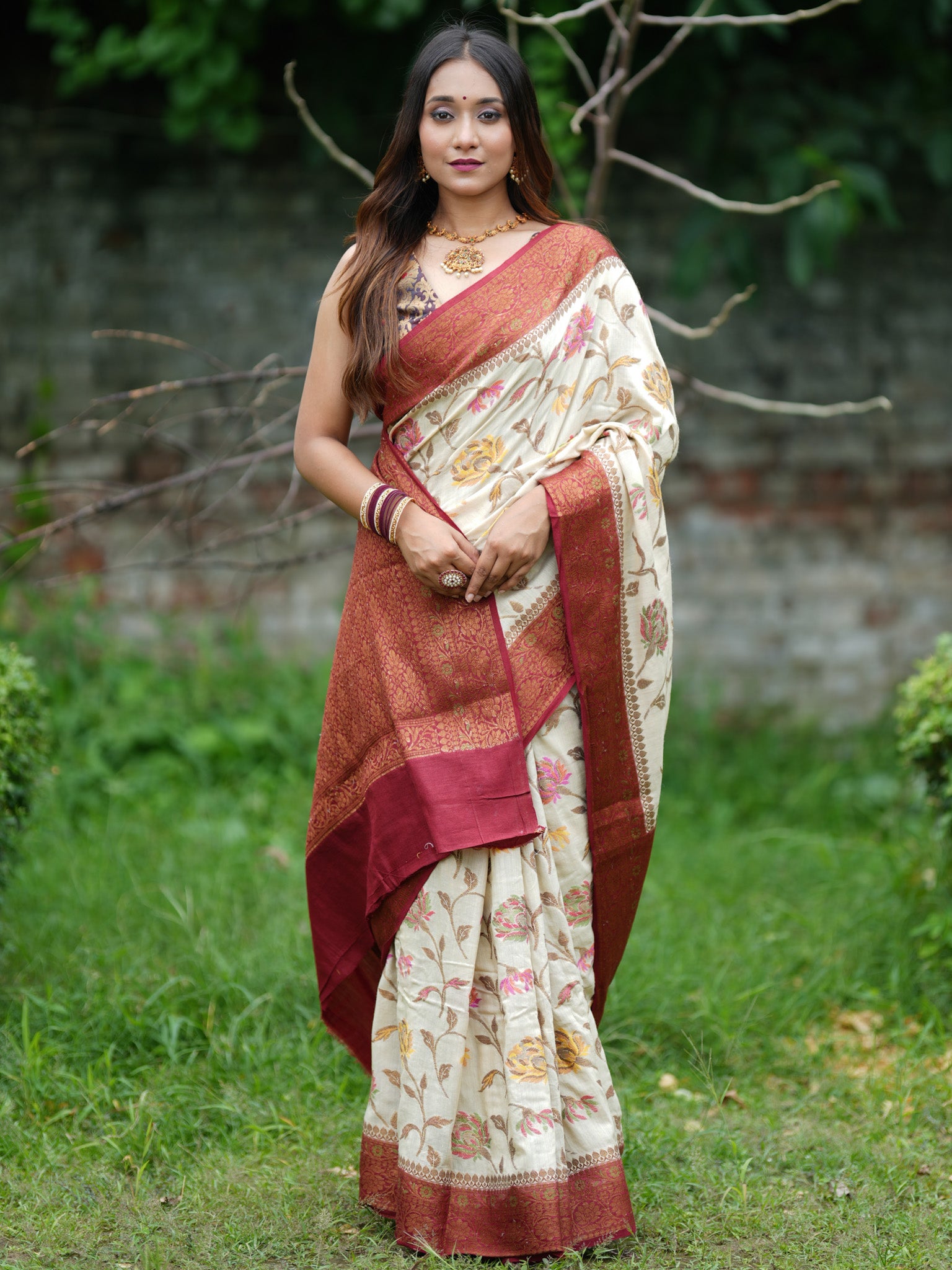 Banarasi Handwoven Pure Muga Silk Saree With Antique Resham Border- Off White