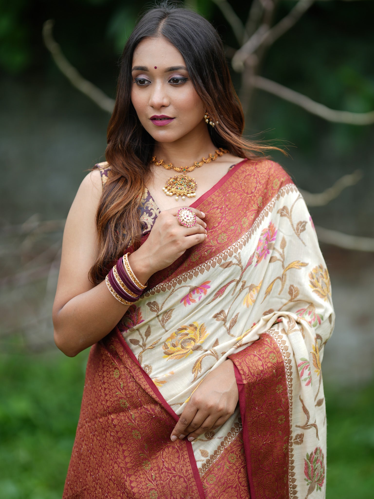 Banarasi Handwoven Pure Muga Silk Saree With Antique Resham Border- Off White