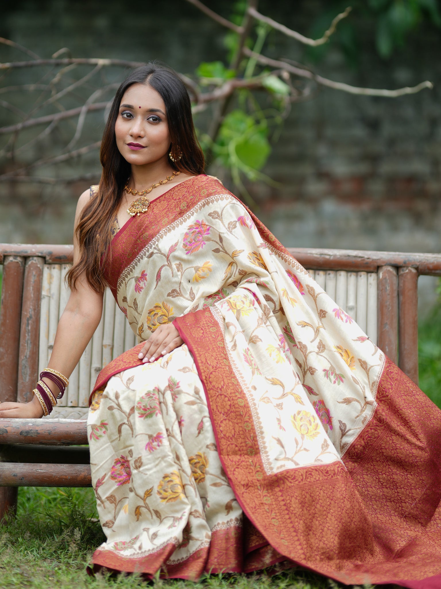 Banarasi Handwoven Pure Muga Silk Saree With Antique Resham Border- Off White