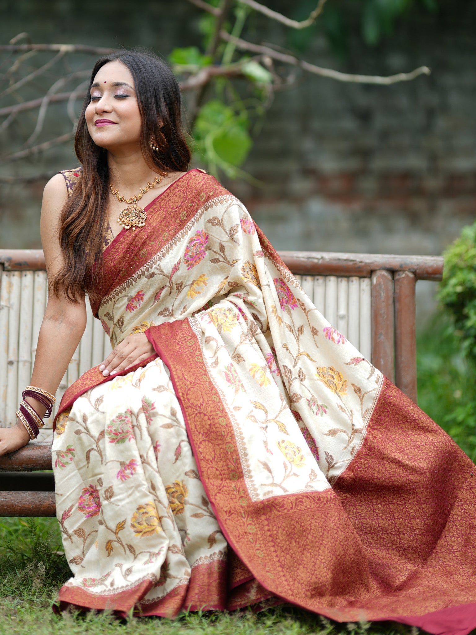 Banarasi Handwoven Pure Muga Silk Saree With Antique Resham Border- Off White