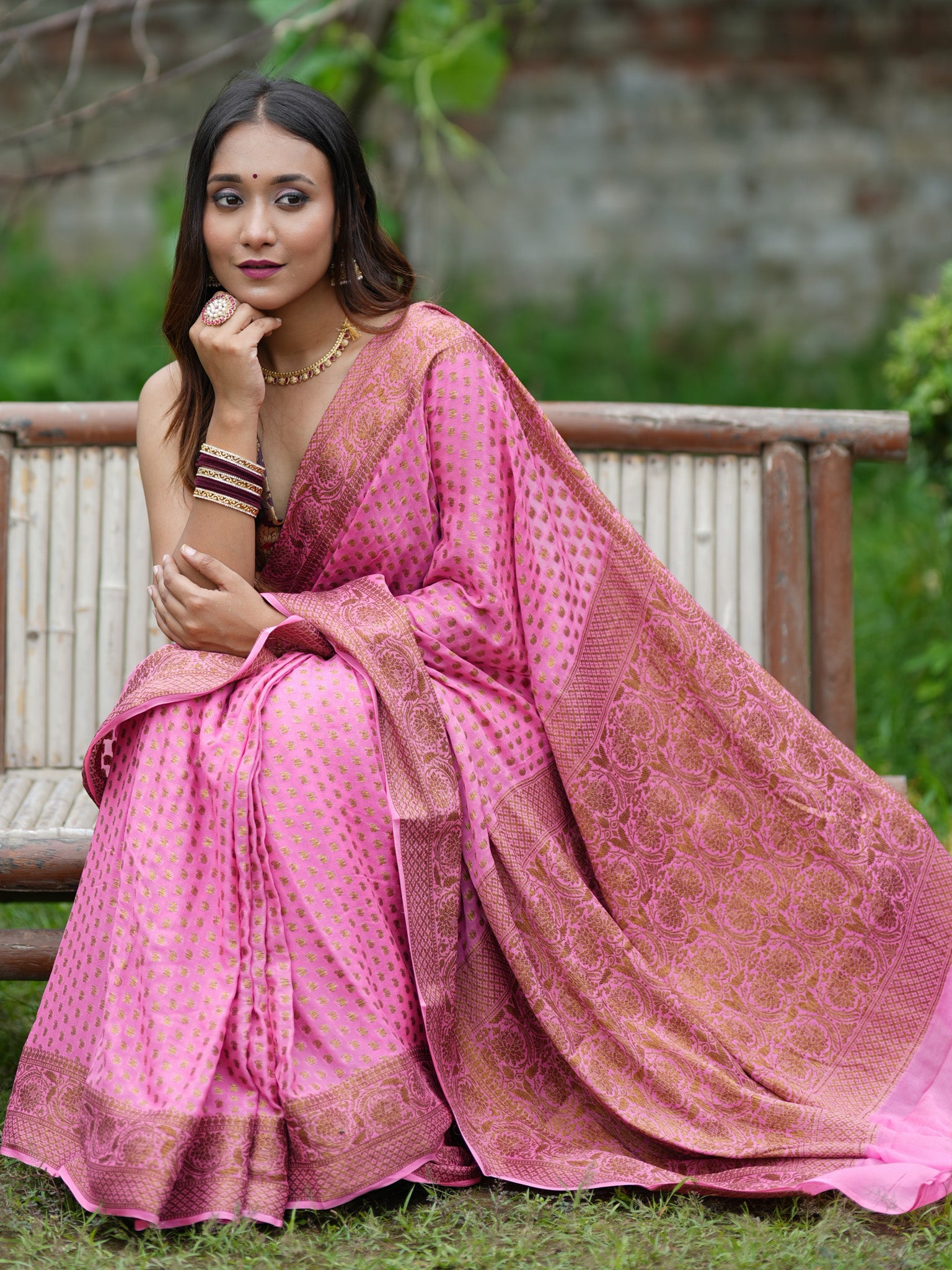 Banaras Pure Georgette Saree With Resham Weaving-Pink