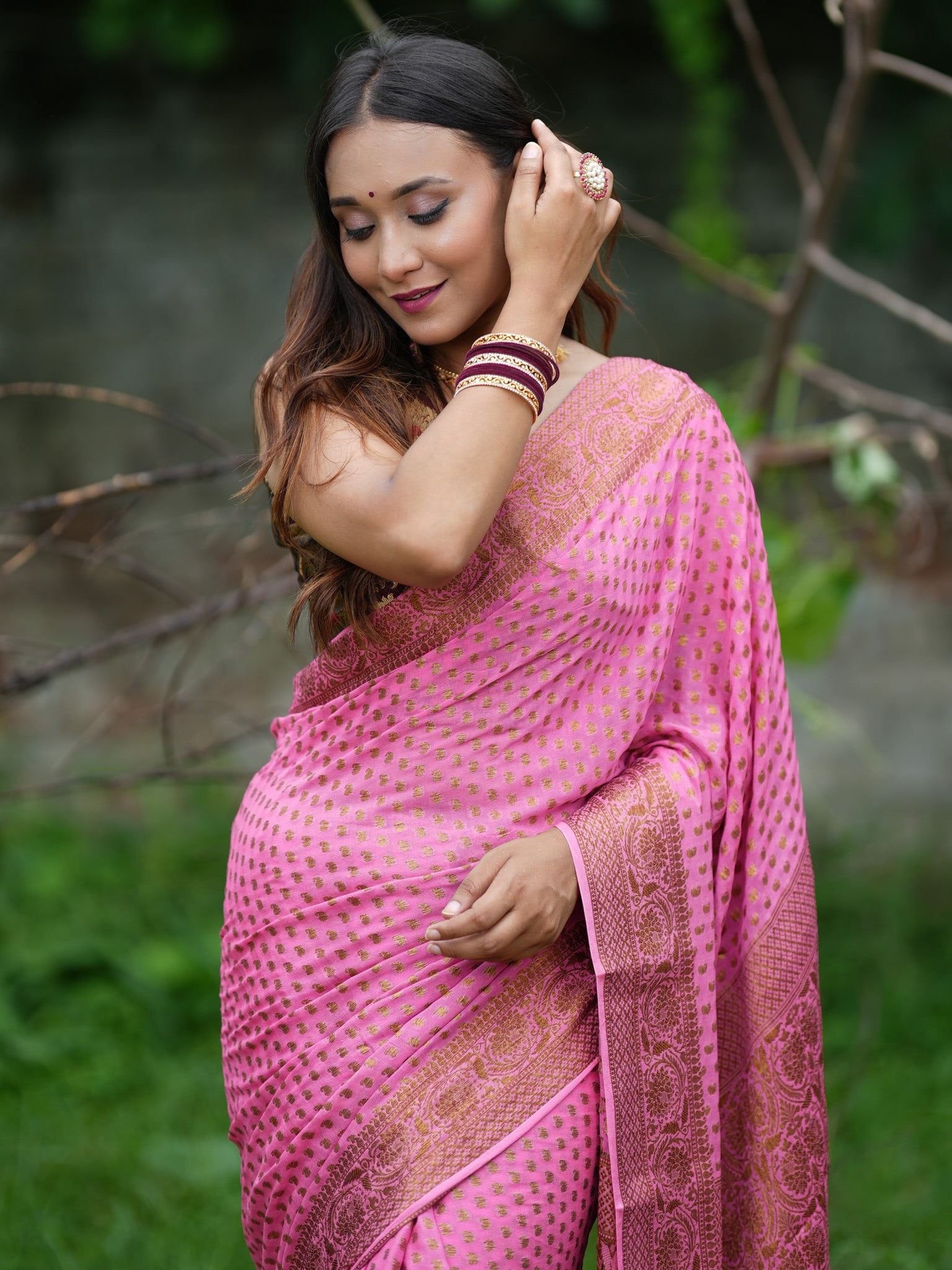 Banaras Pure Georgette Saree With Resham Weaving-Pink