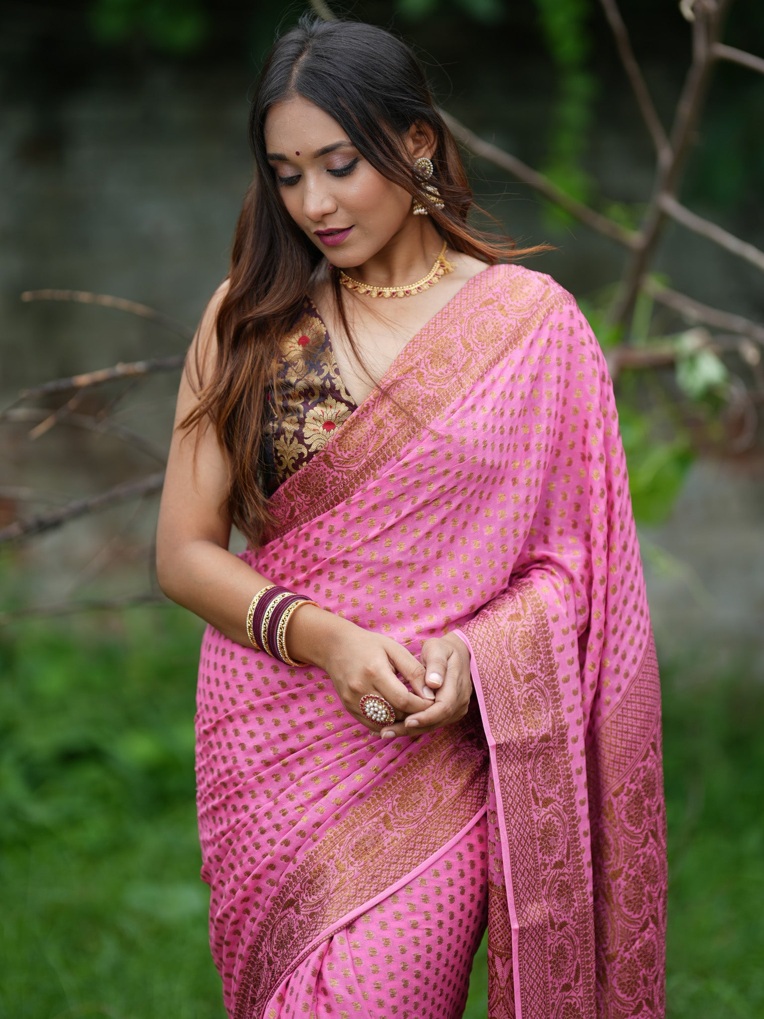 Banaras Pure Georgette Saree With Resham Weaving-Pink
