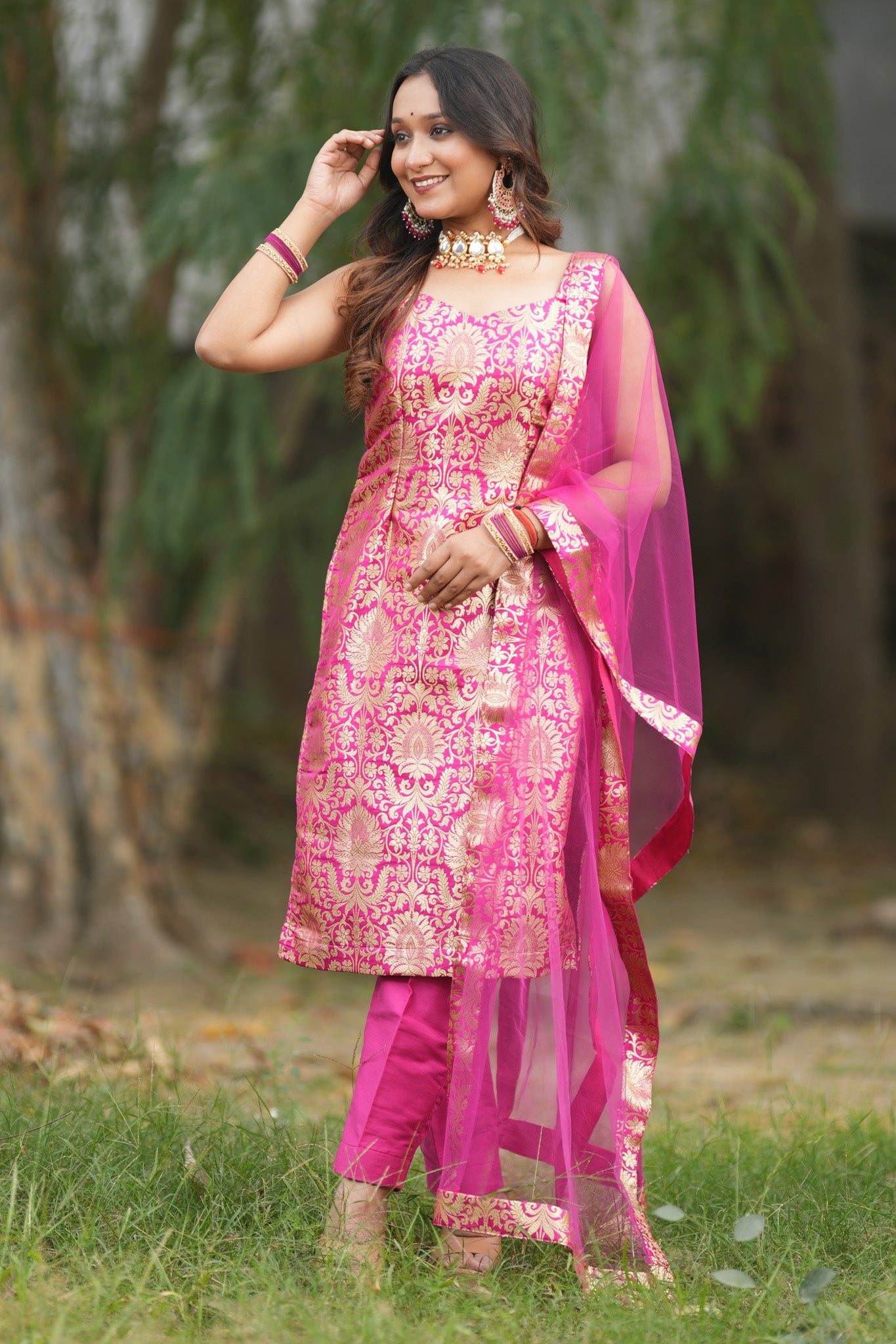 Readymade Banarasi Brocade Salwar Kameez with Net Dupatta- Deep Pink