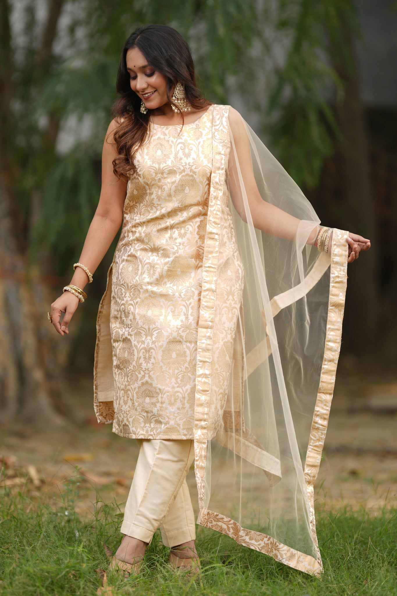 Readymade Banarasi Brocade Salwar Kameez with Net Dupatta-Off White