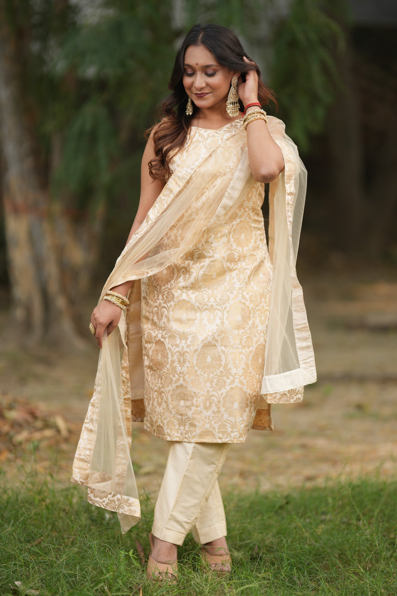 Readymade Banarasi Brocade Salwar Kameez with Net Dupatta-Off White