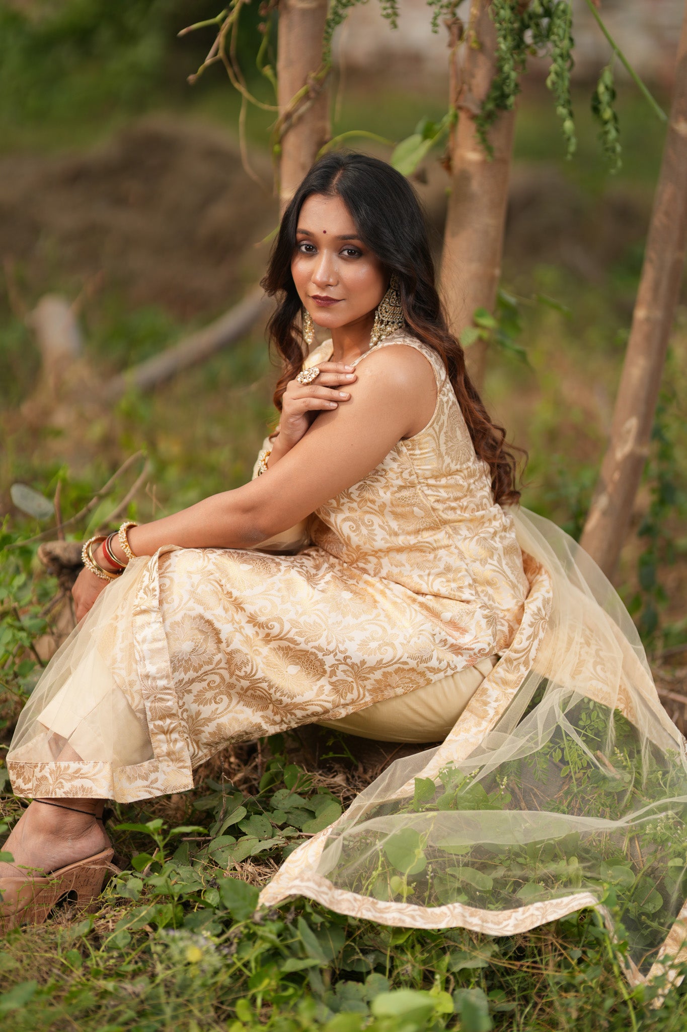 Readymade Banarasi Brocade Salwar Kameez with Net Dupatta-Off White