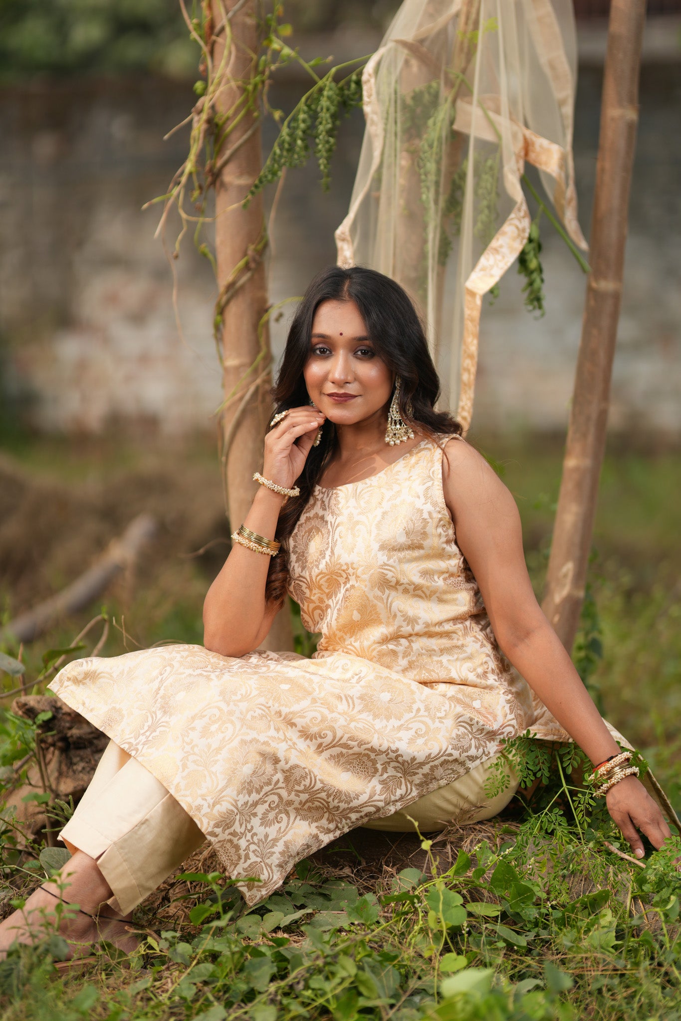 Readymade Banarasi Brocade Salwar Kameez with Net Dupatta-Off White