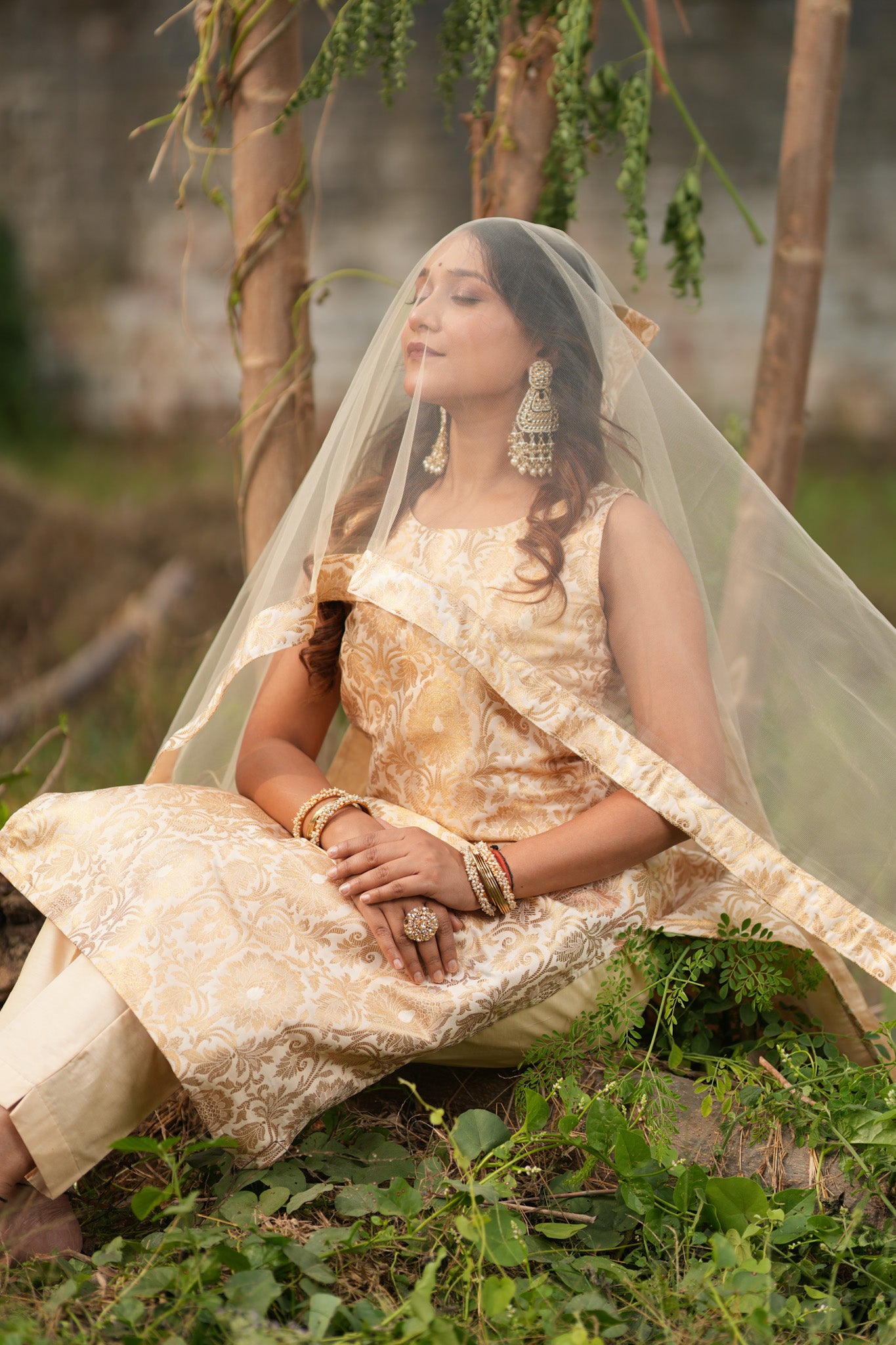 Readymade Banarasi Brocade Salwar Kameez with Net Dupatta-Off White