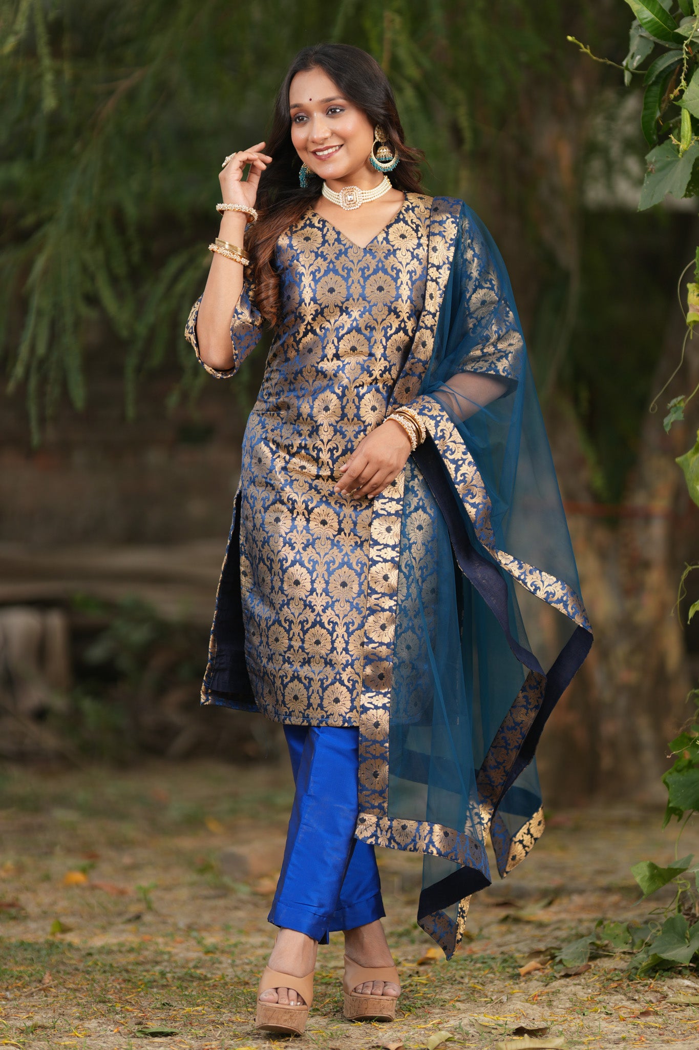 Readymade Banarasi Brocade Salwar Kameez with Net Dupatta- Blue