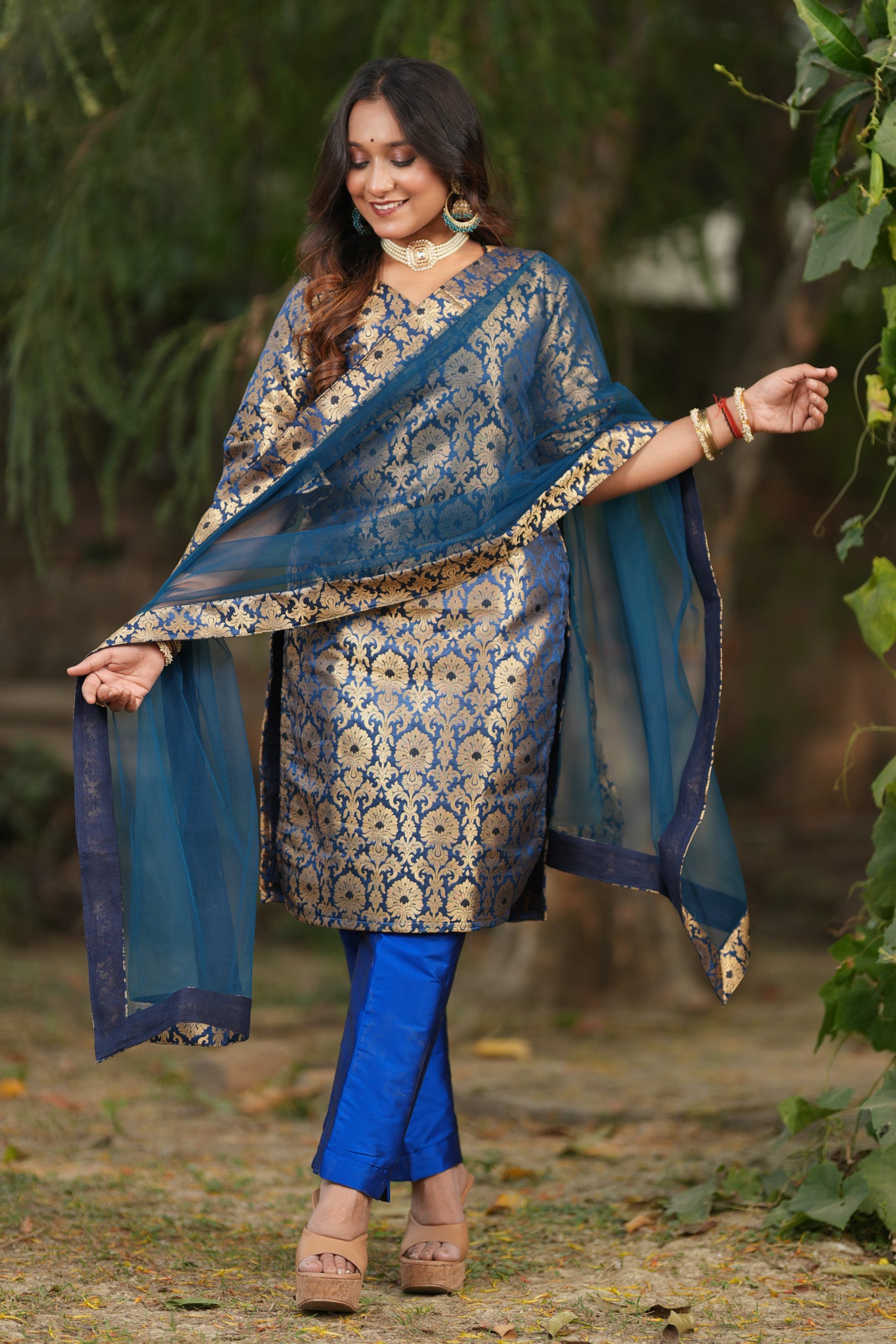 Readymade Banarasi Brocade Salwar Kameez with Net Dupatta- Blue