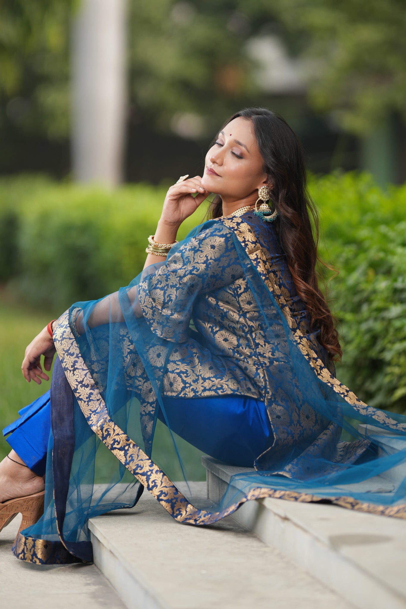 Readymade Banarasi Brocade Salwar Kameez with Net Dupatta- Blue