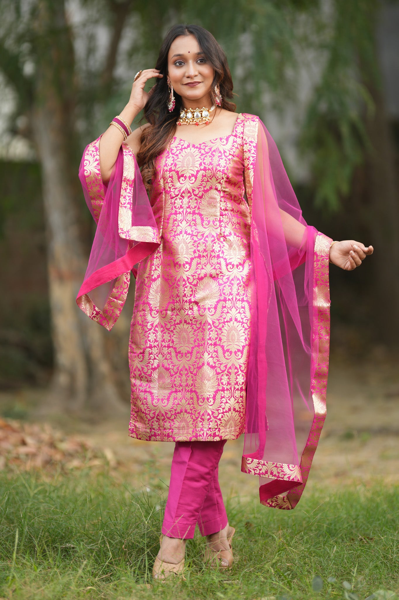 Readymade Banarasi Brocade Salwar Kameez with Net Dupatta- Deep Pink