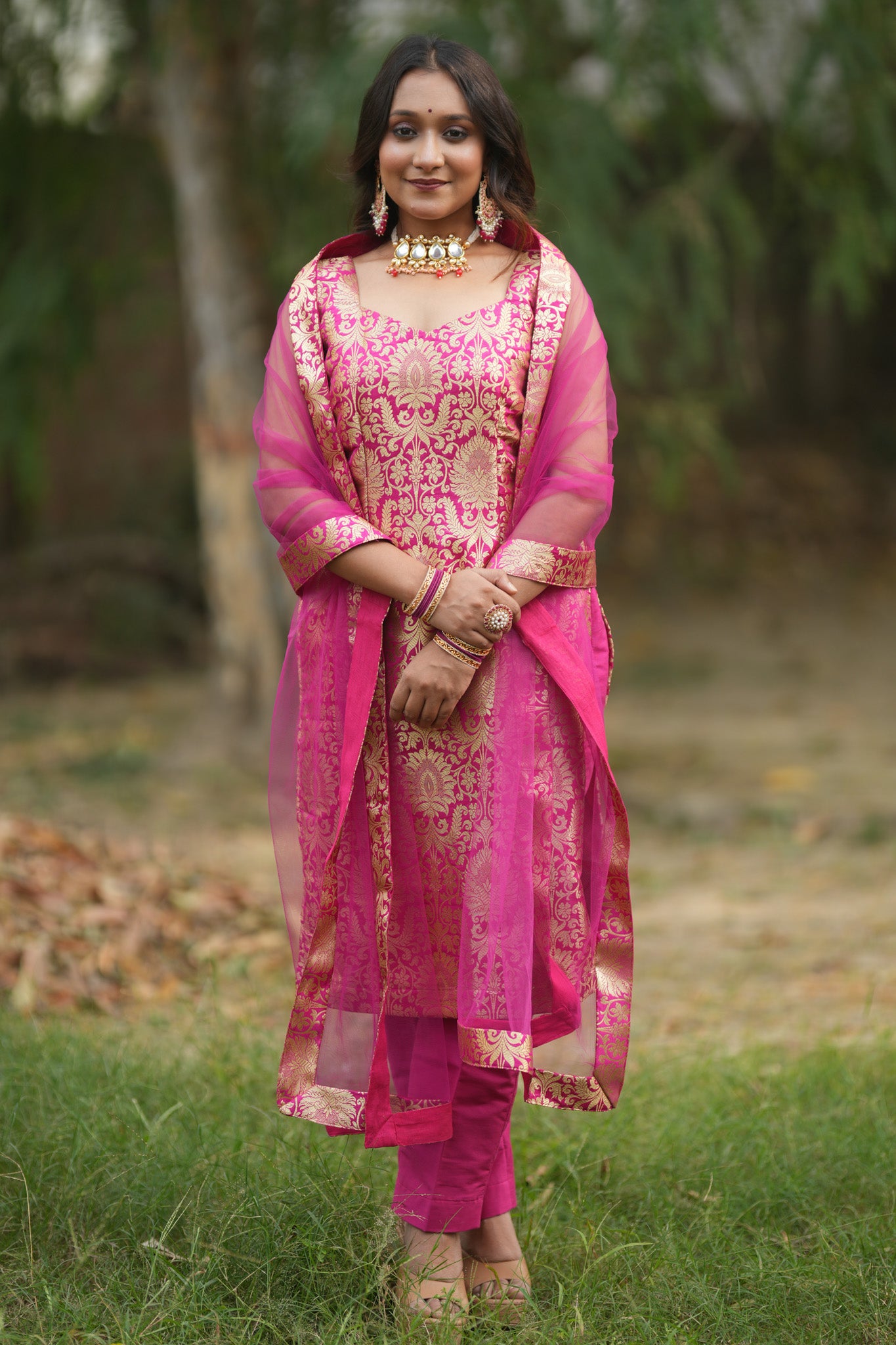 Readymade Banarasi Brocade Salwar Kameez with Net Dupatta- Deep Pink