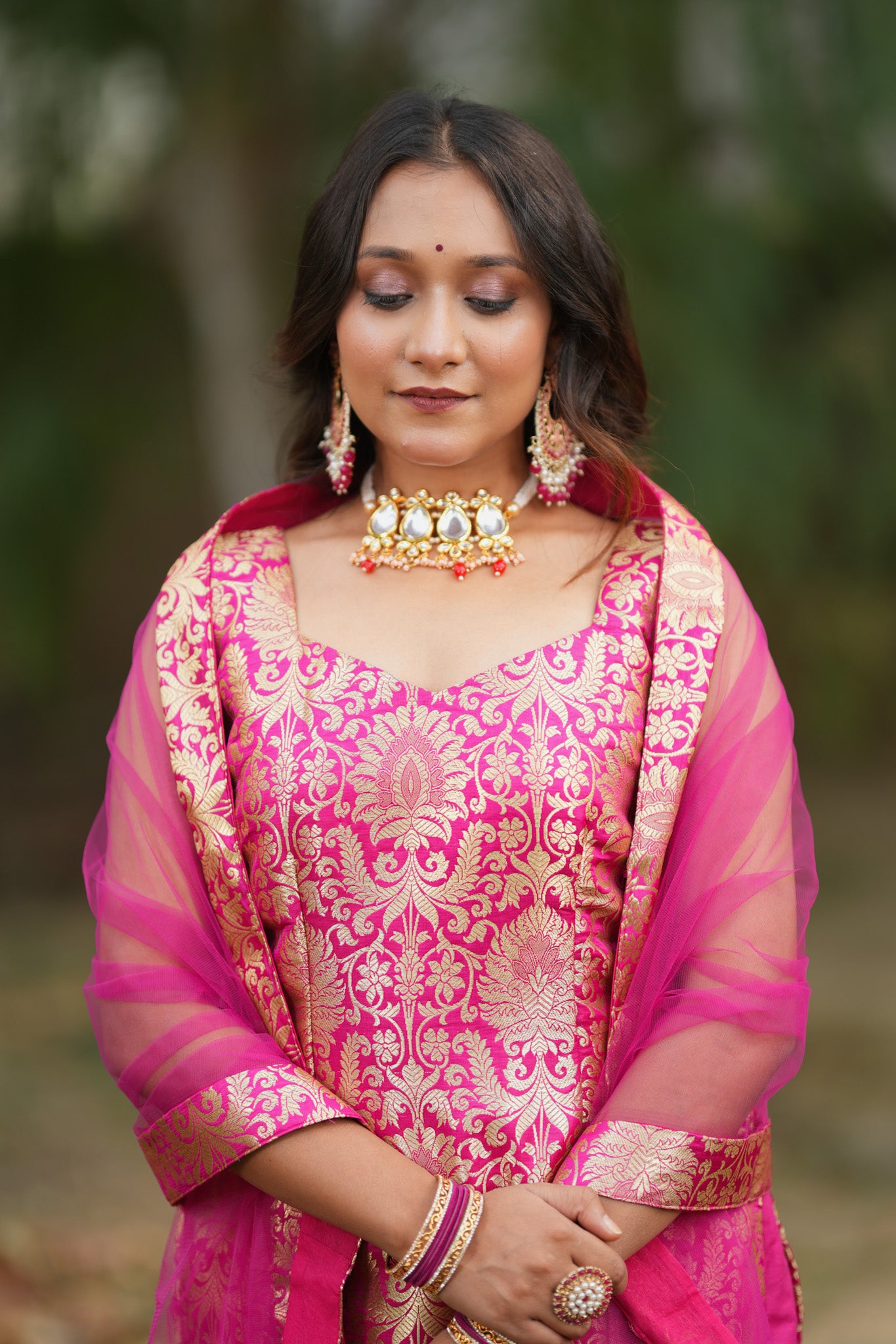 Readymade Banarasi Brocade Salwar Kameez with Net Dupatta- Deep Pink