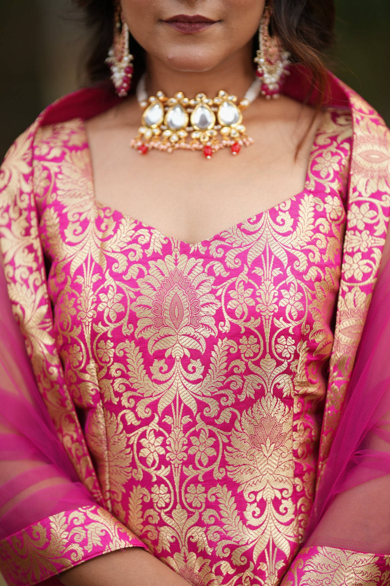 Readymade Banarasi Brocade Salwar Kameez with Net Dupatta- Deep Pink